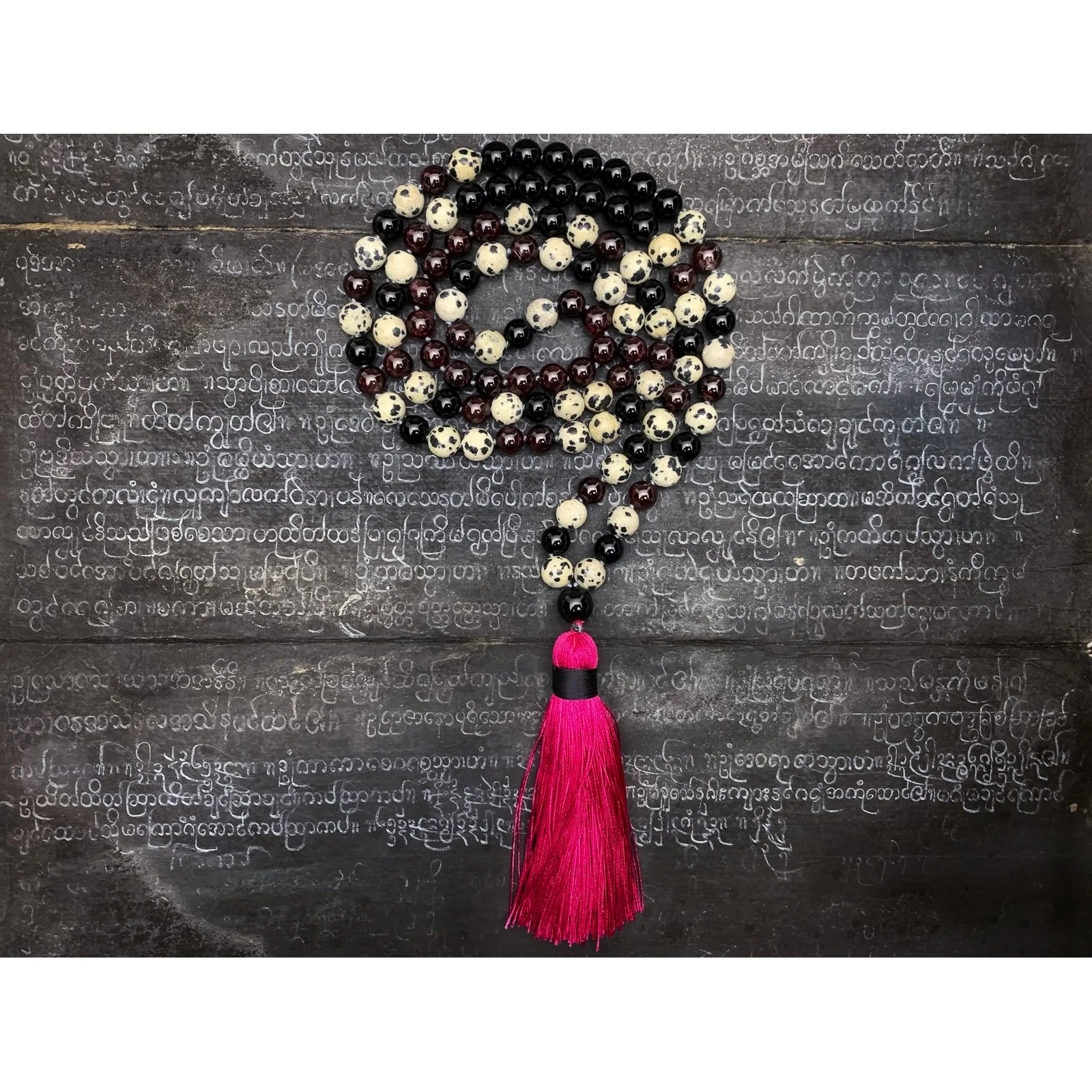 Garnet, Onyx & Dalmatian Jasper Knotted 8mm Mala with Silk Tassel #13 - Image 2