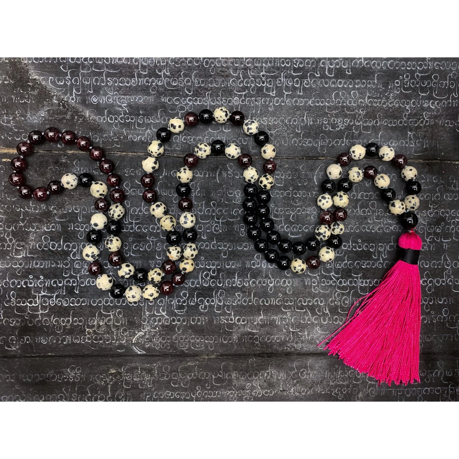 Garnet, Onyx & Dalmatian Jasper Knotted 8mm Mala with Silk Tassel #13 - Image 3