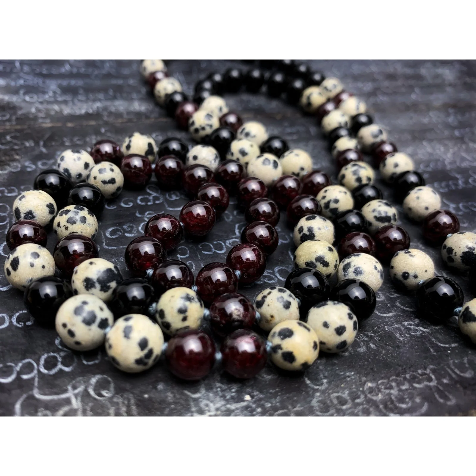 Garnet, Onyx & Dalmatian Jasper Knotted 8mm Mala with Silk Tassel #13 - Image 4