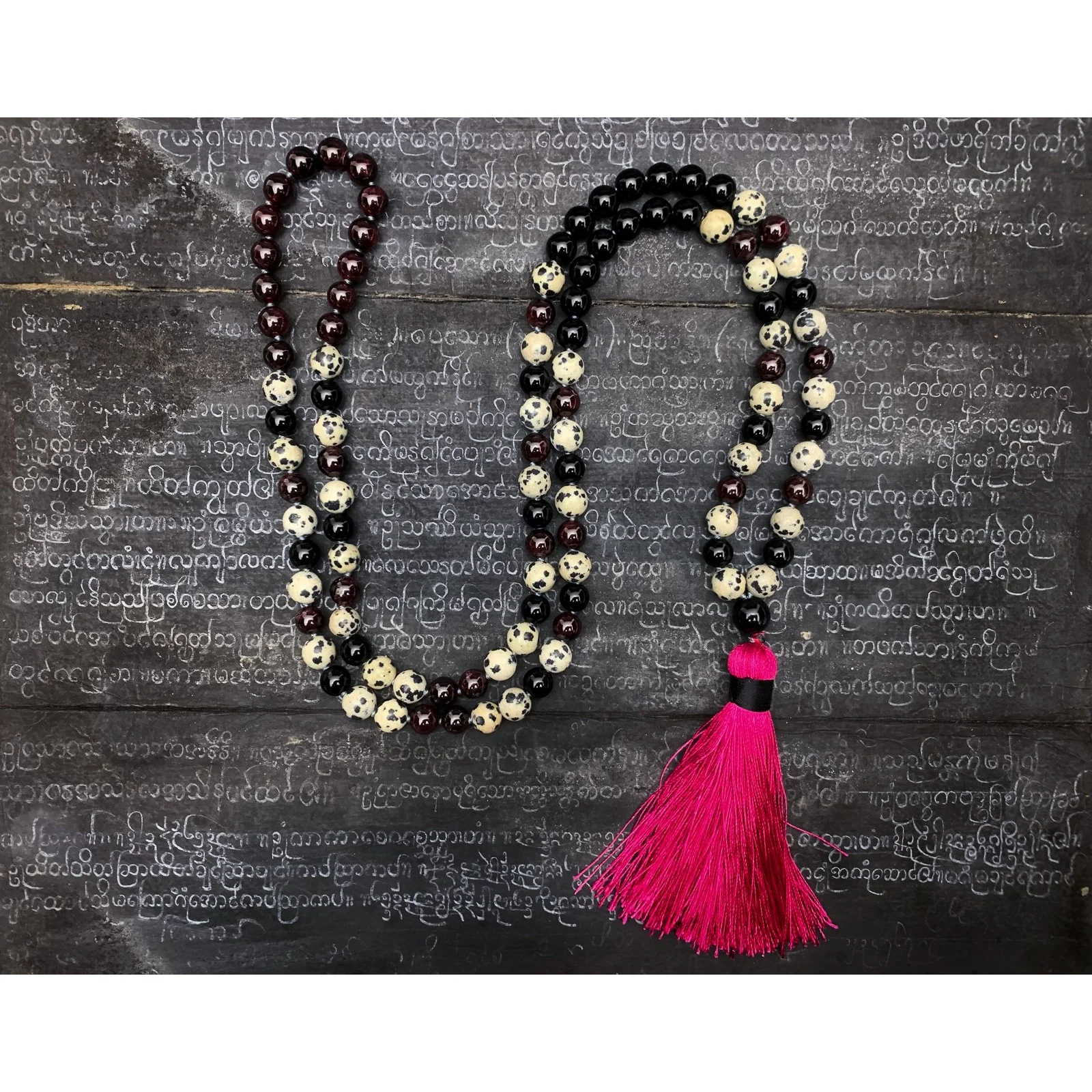 Garnet, Onyx & Dalmatian Jasper Knotted 8mm Mala with Silk Tassel #13 - Image 5