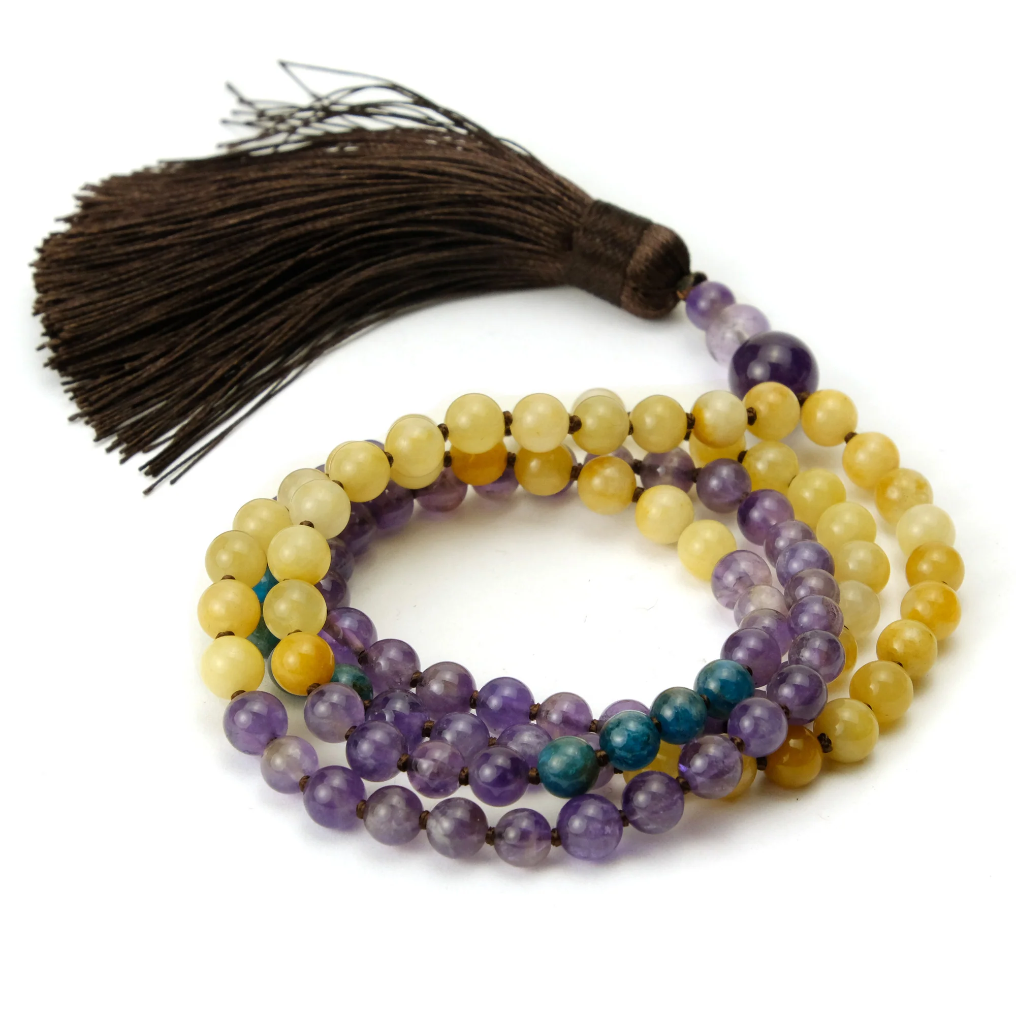 Gold Aventurine, Amethyst and Apalite 6mm Knotted Mala with Silk Tassel #101 - Image 3