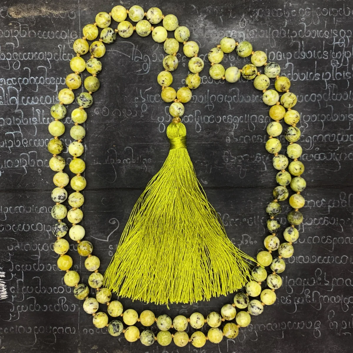 Green Serpentine 9mm Knotted Mala with Silk Tassel #113 - Image 3