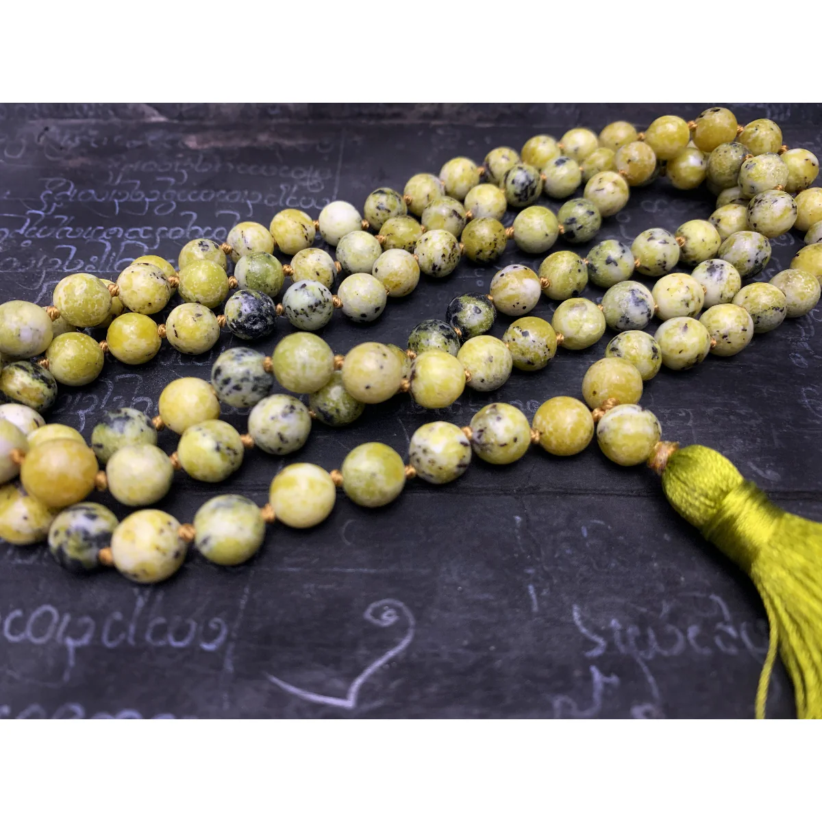Green Serpentine 9mm Knotted Mala with Silk Tassel #113 - Image 5