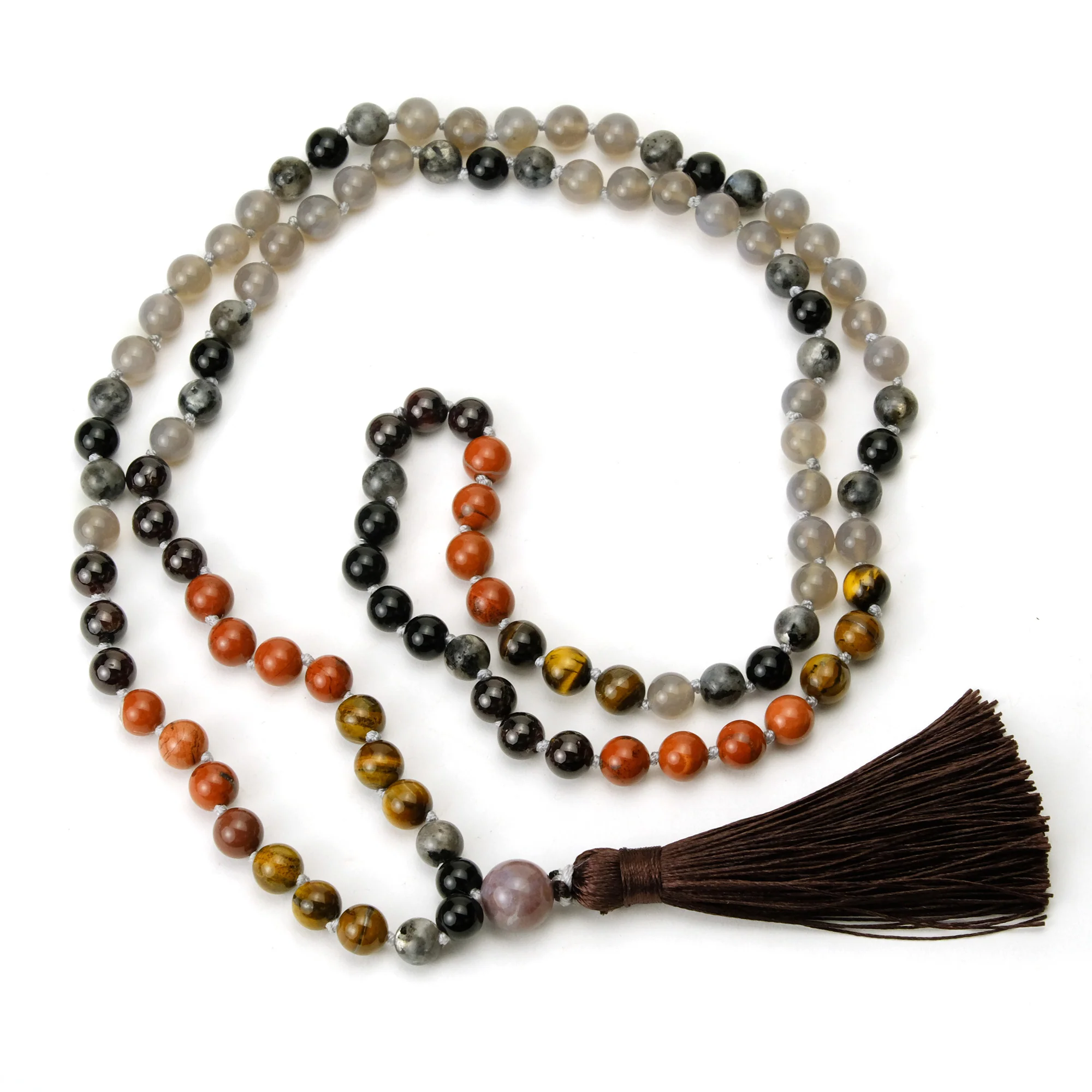 Grey Chalcedony, Tiger's Eye and Jasper 8mm Knotted Mala with Silk Tassel #104 - Image 2