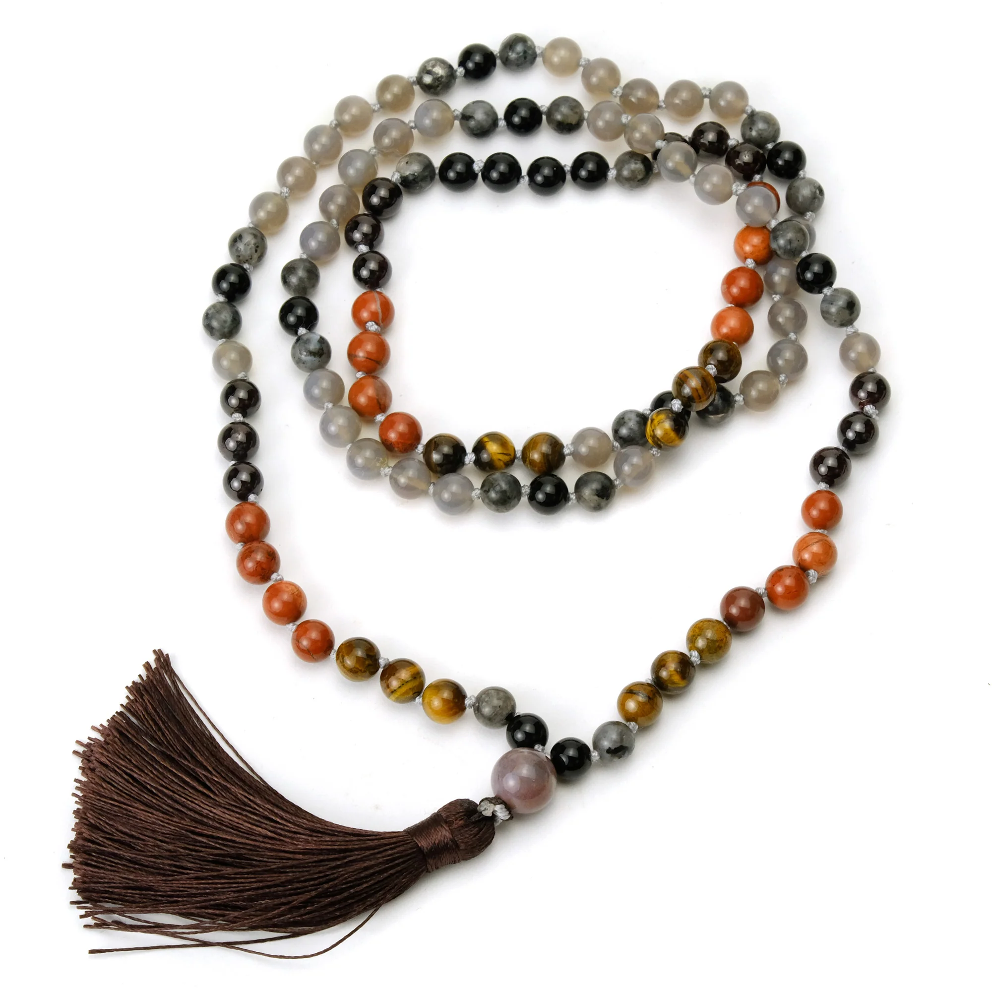 Grey Chalcedony, Tiger's Eye and Jasper 8mm Knotted Mala with Silk Tassel #104 - Image 3