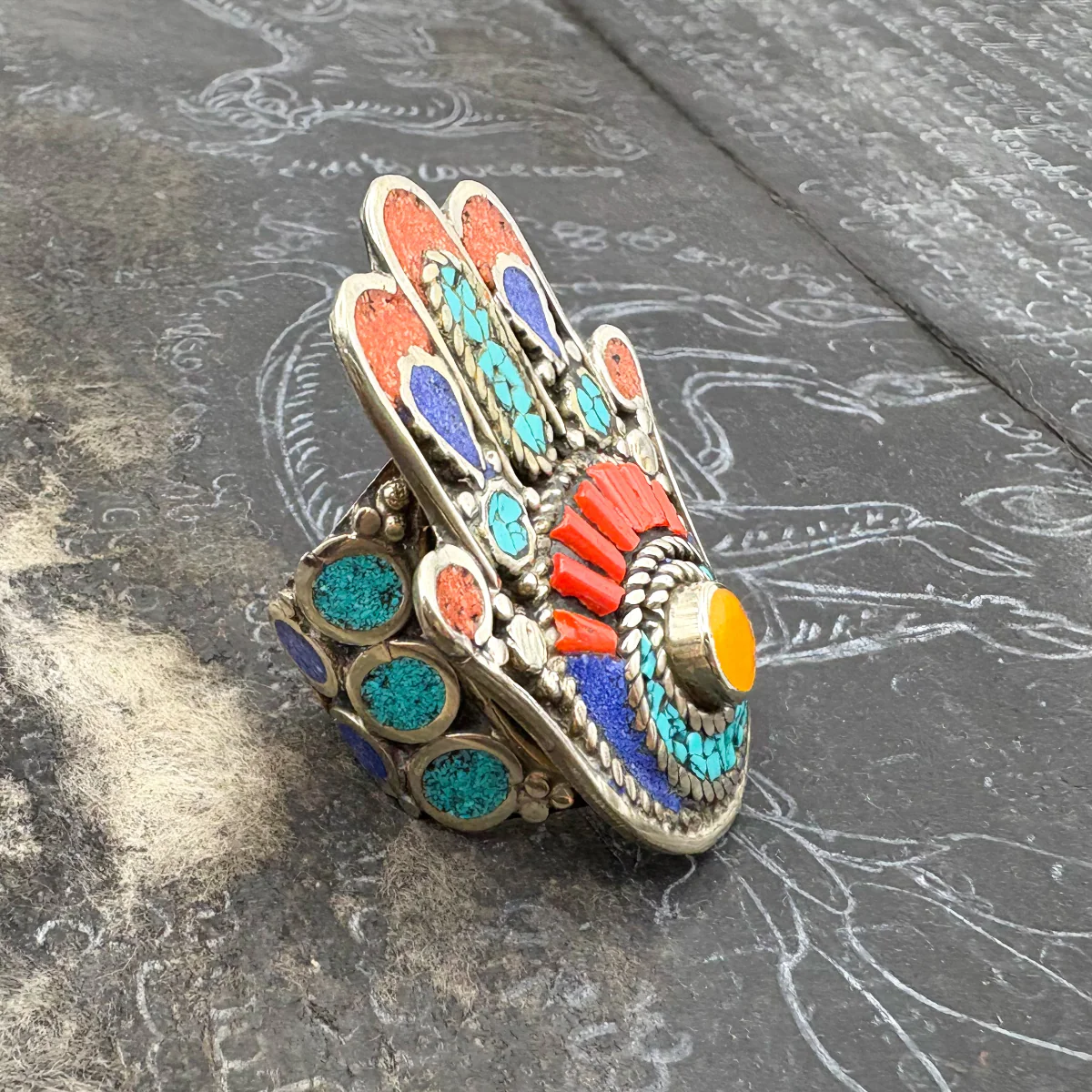 Hamsa Inlaid White Brass Adjustable Ring (A) - Image 2