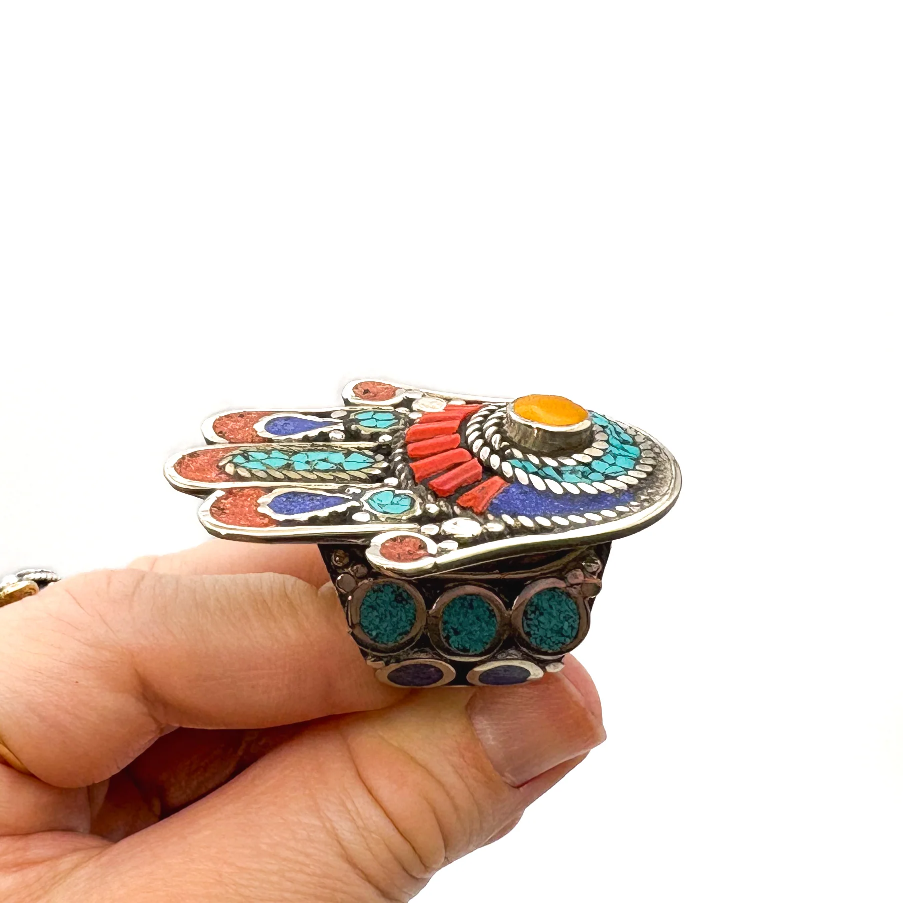 Hamsa Inlaid White Brass Adjustable Ring (A) - Image 3