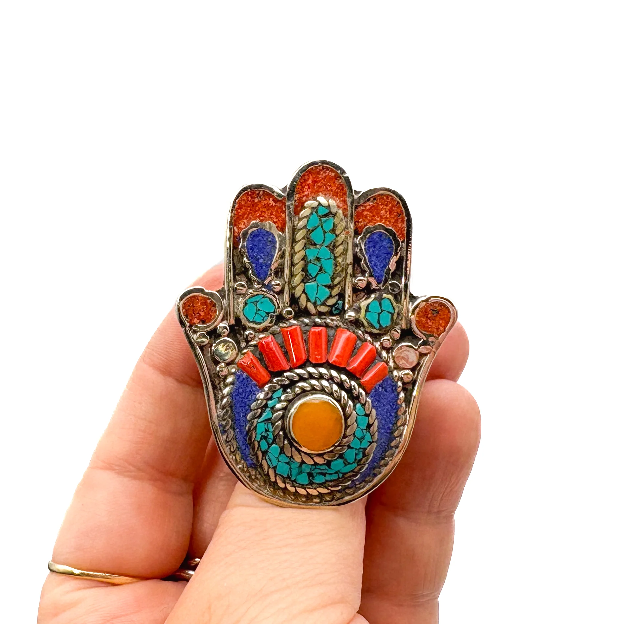 Hamsa Inlaid White Brass Adjustable Ring (A) - Image 5