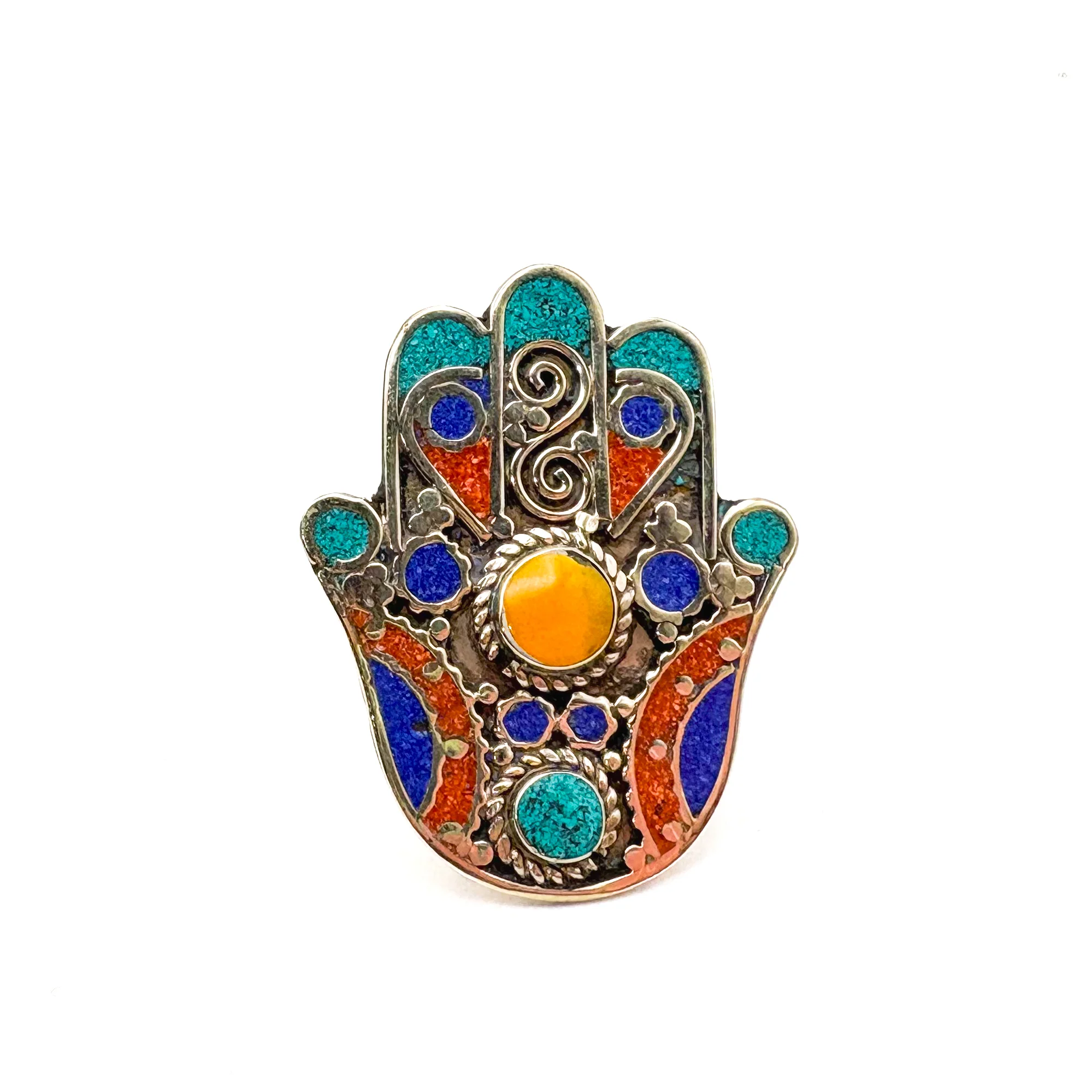 Hamsa Inlaid White Brass Adjustable Ring (B) - Image 2