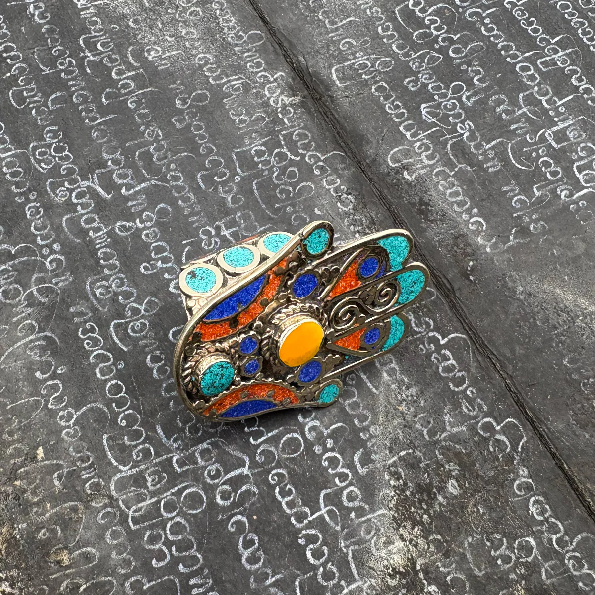 Hamsa Inlaid White Brass Adjustable Ring (B) - Image 3