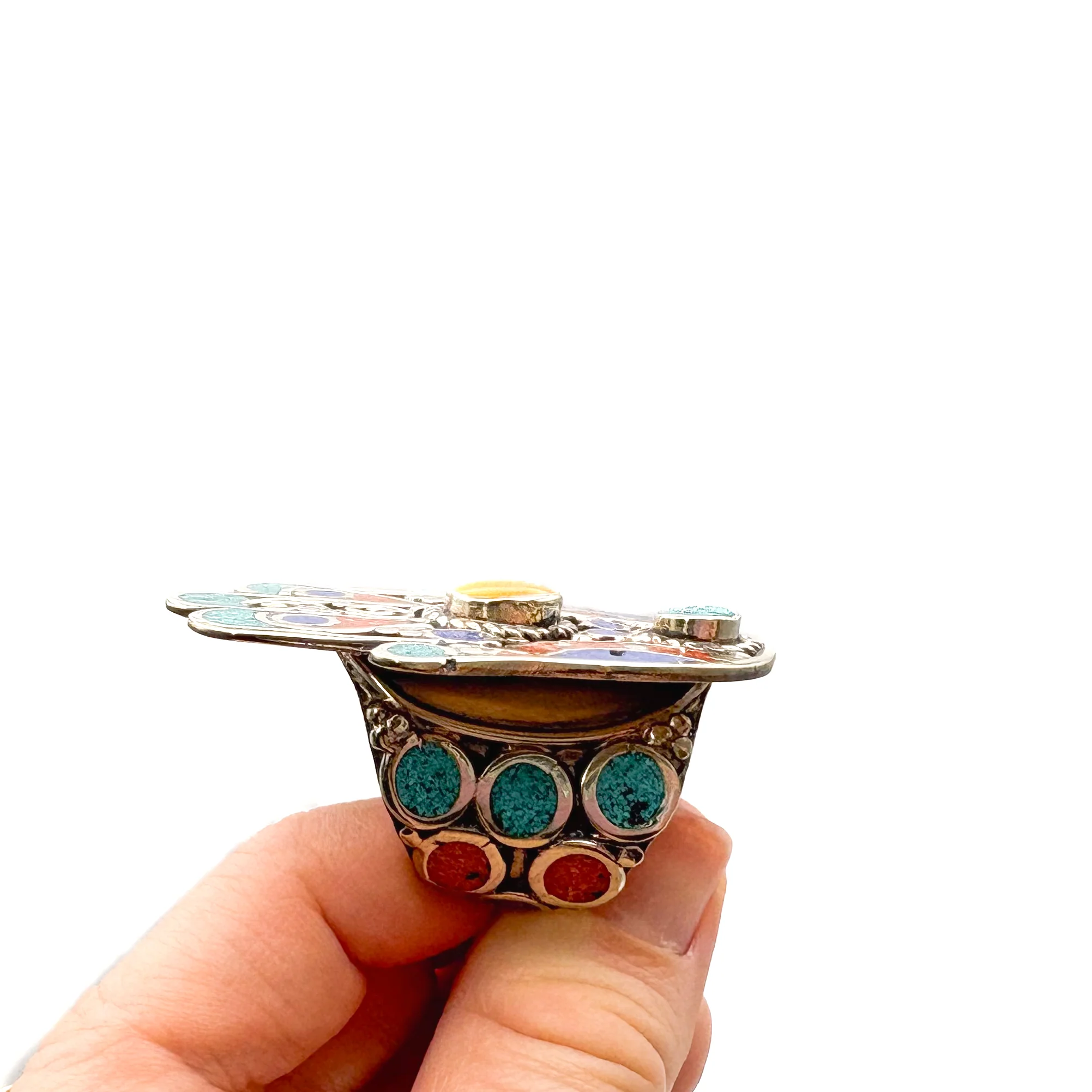 Hamsa Inlaid White Brass Adjustable Ring (B) - Image 4