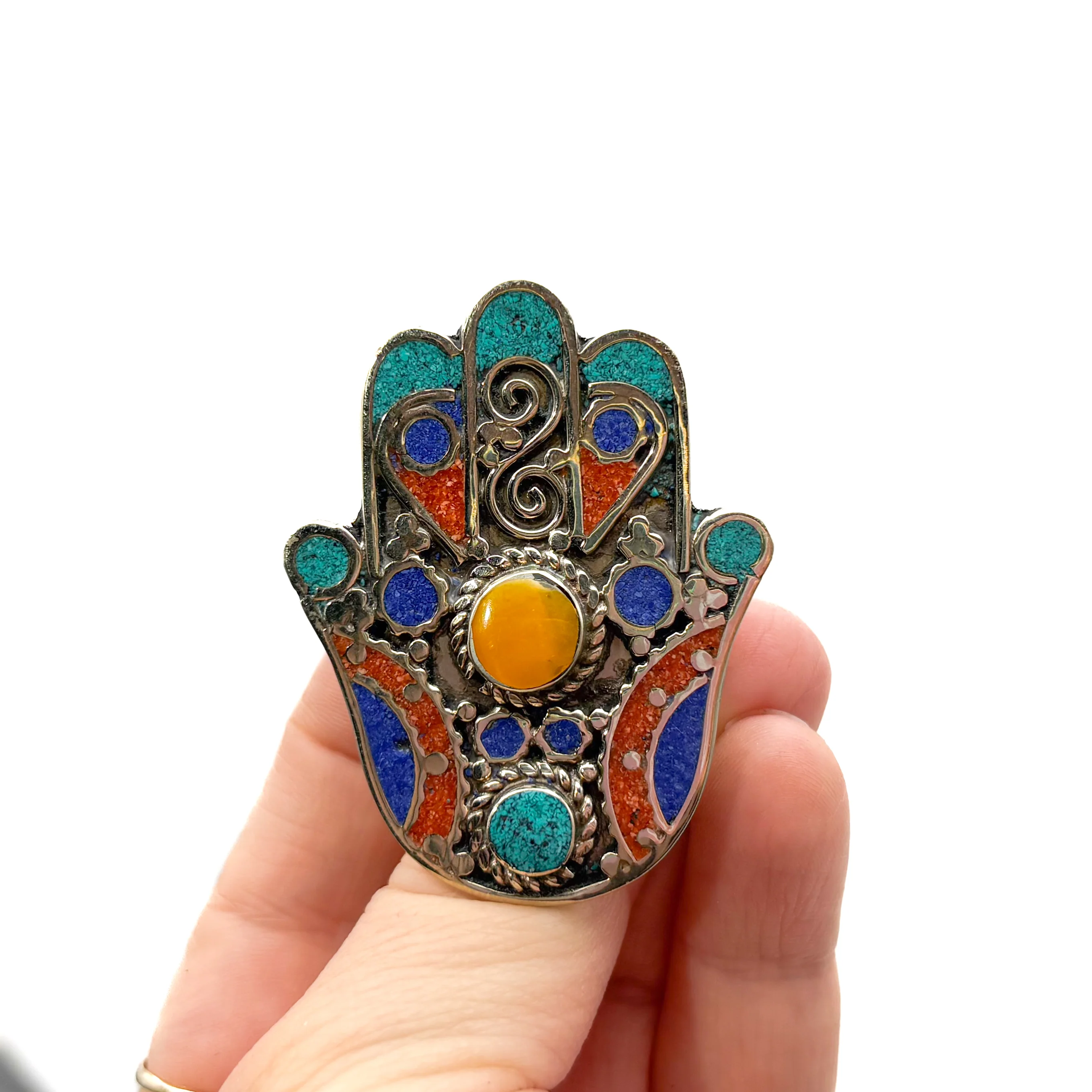 Hamsa Inlaid White Brass Adjustable Ring (B) - Image 5