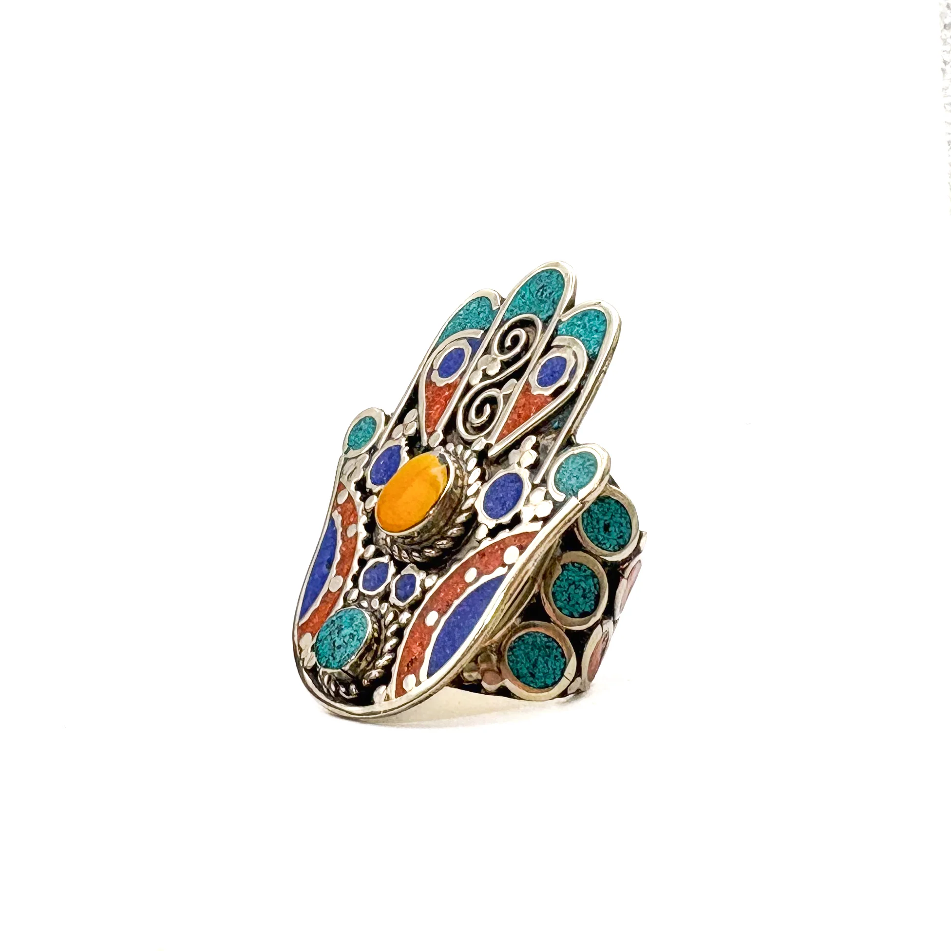 Hamsa Inlaid White Brass Adjustable Ring (B) - Image 6