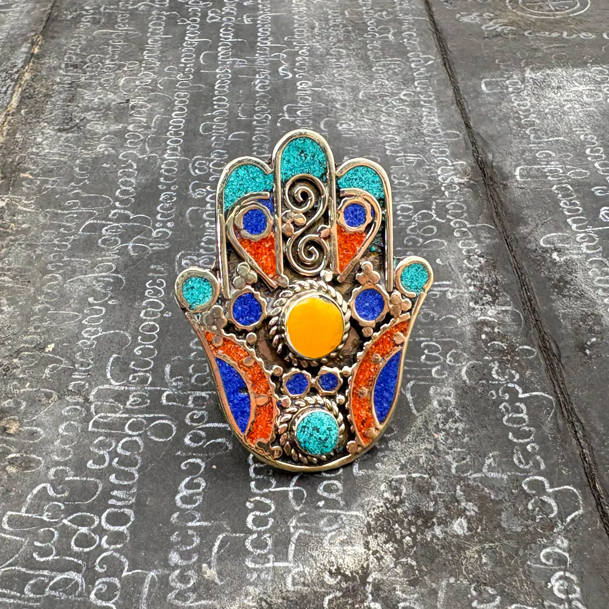 Hamsa Inlaid White Brass Adjustable Ring (B) - Image 7