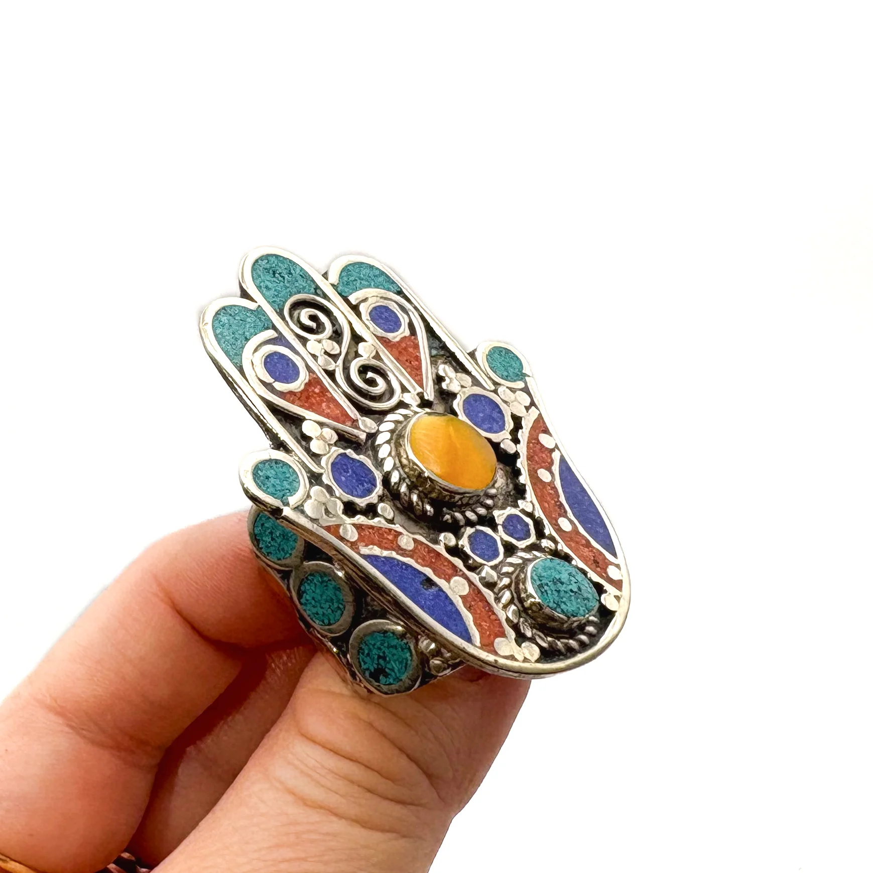 Hamsa Inlaid White Brass Adjustable Ring (B) - Image 9