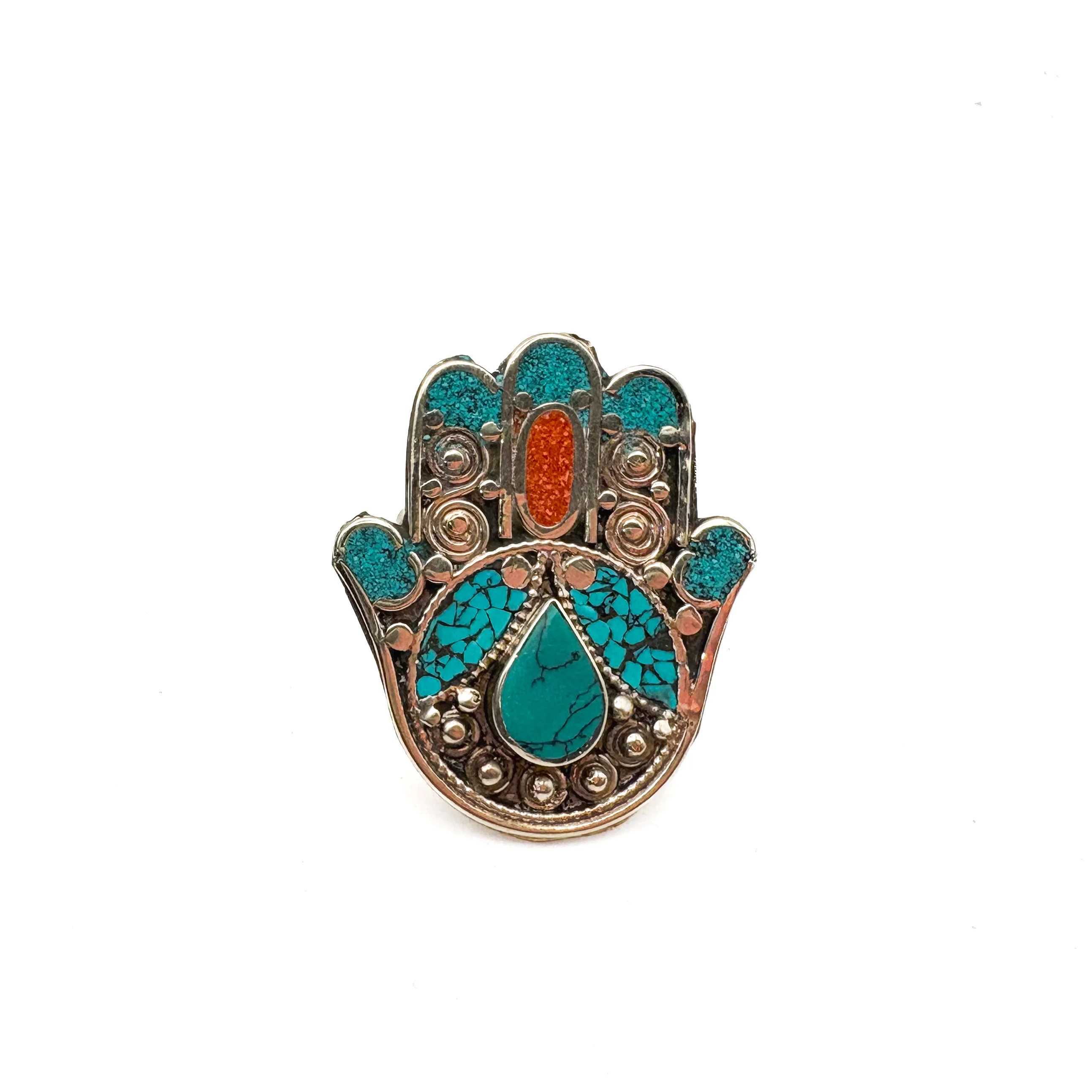 Hamsa Inlaid White Brass Adjustable Ring (C) - Image 11