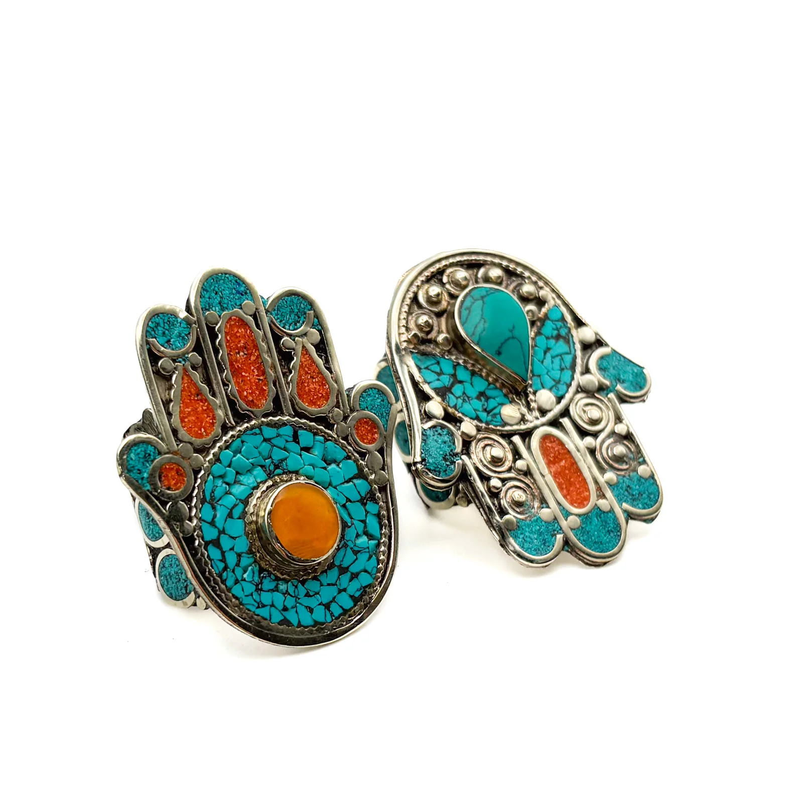 Hamsa Inlaid White Brass Adjustable Ring (C) - Image 12