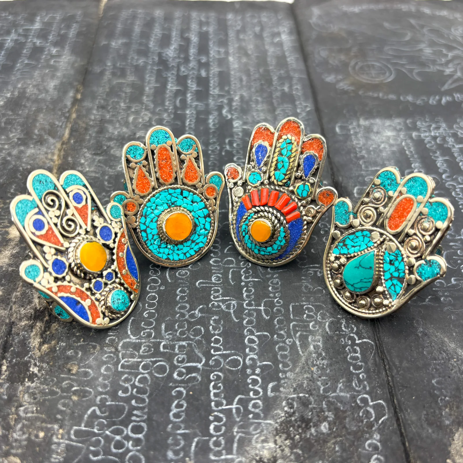 Hamsa Inlaid White Brass Adjustable Ring (C) - Image 13