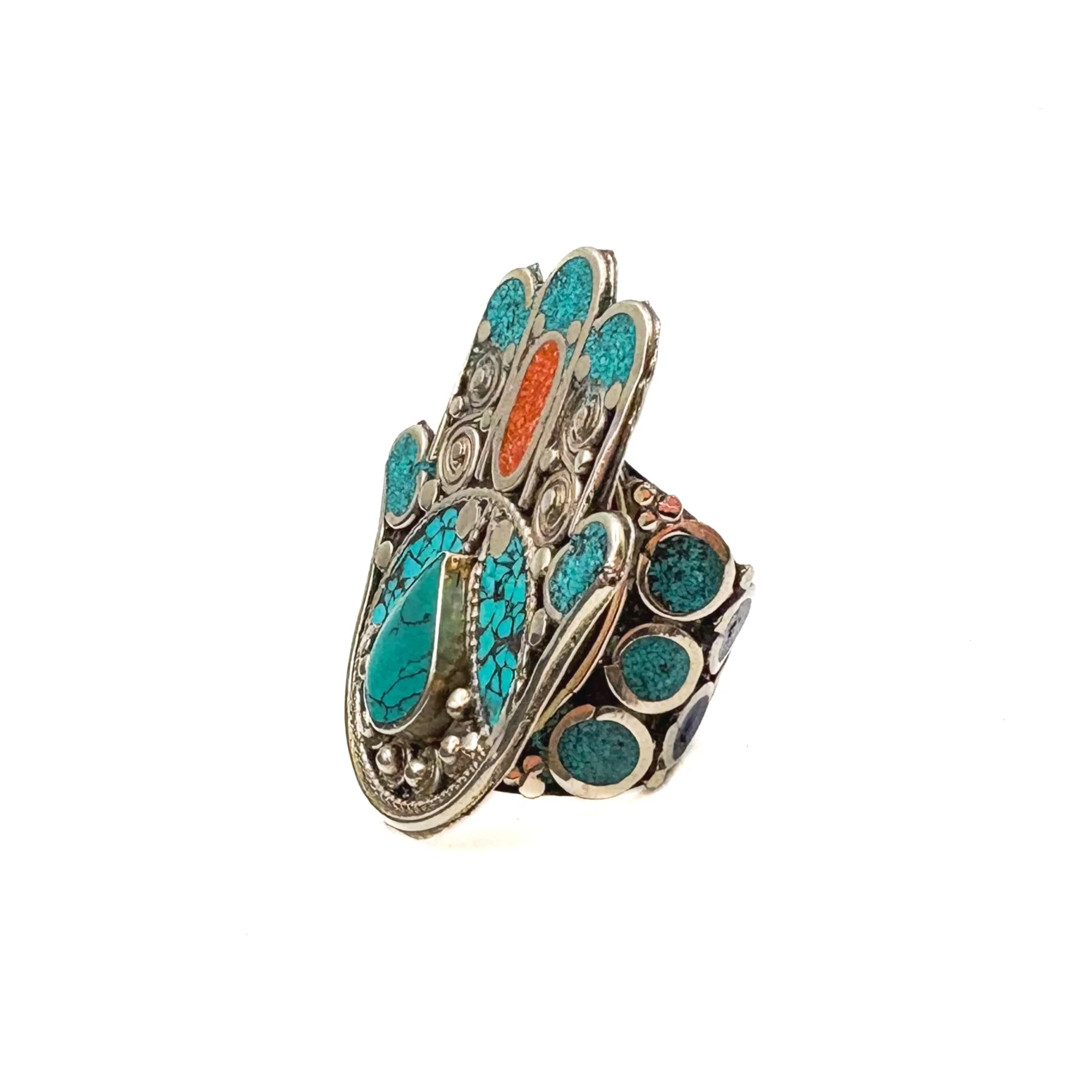 Hamsa Inlaid White Brass Adjustable Ring (C) - Image 2