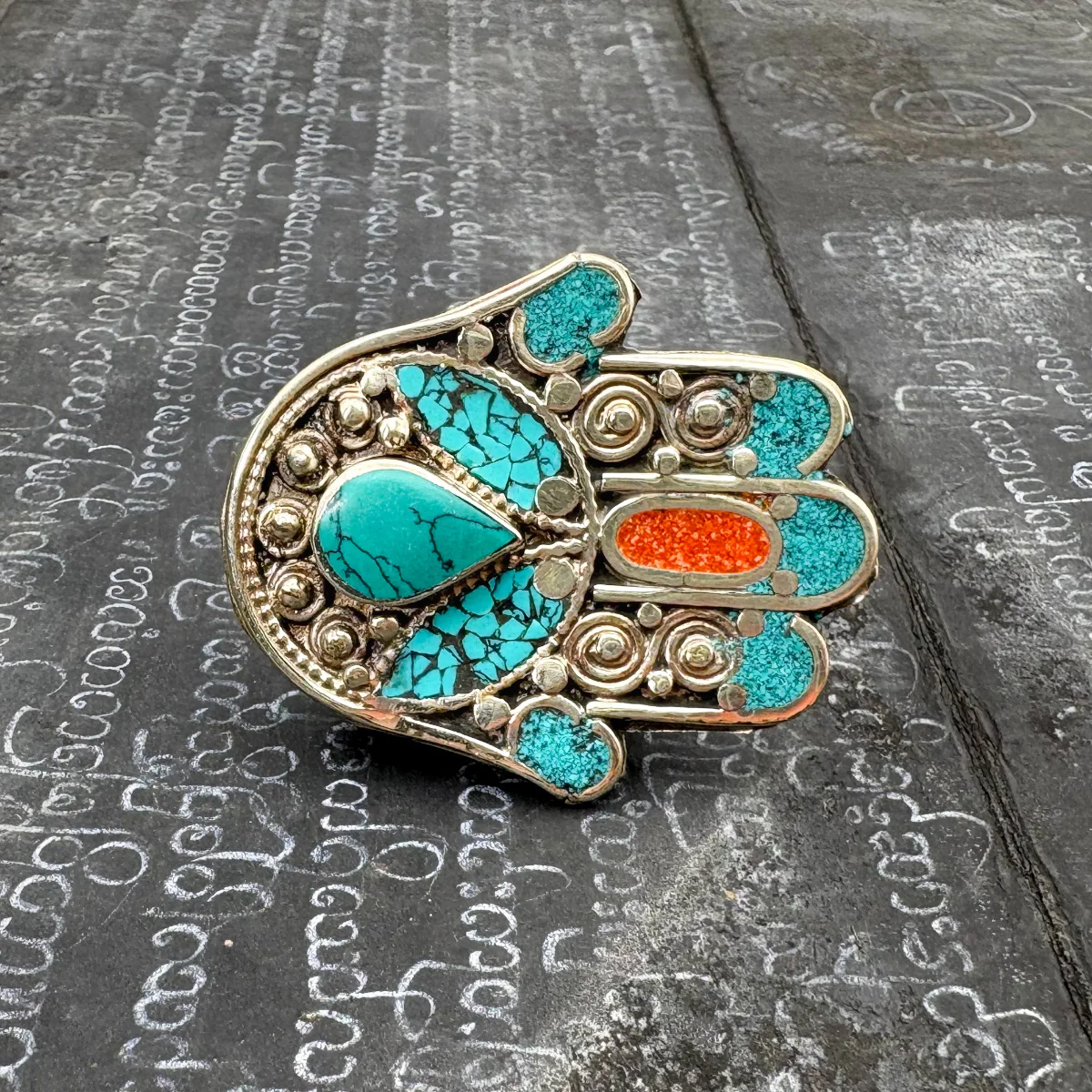 Hamsa Inlaid White Brass Adjustable Ring (C) - Image 3