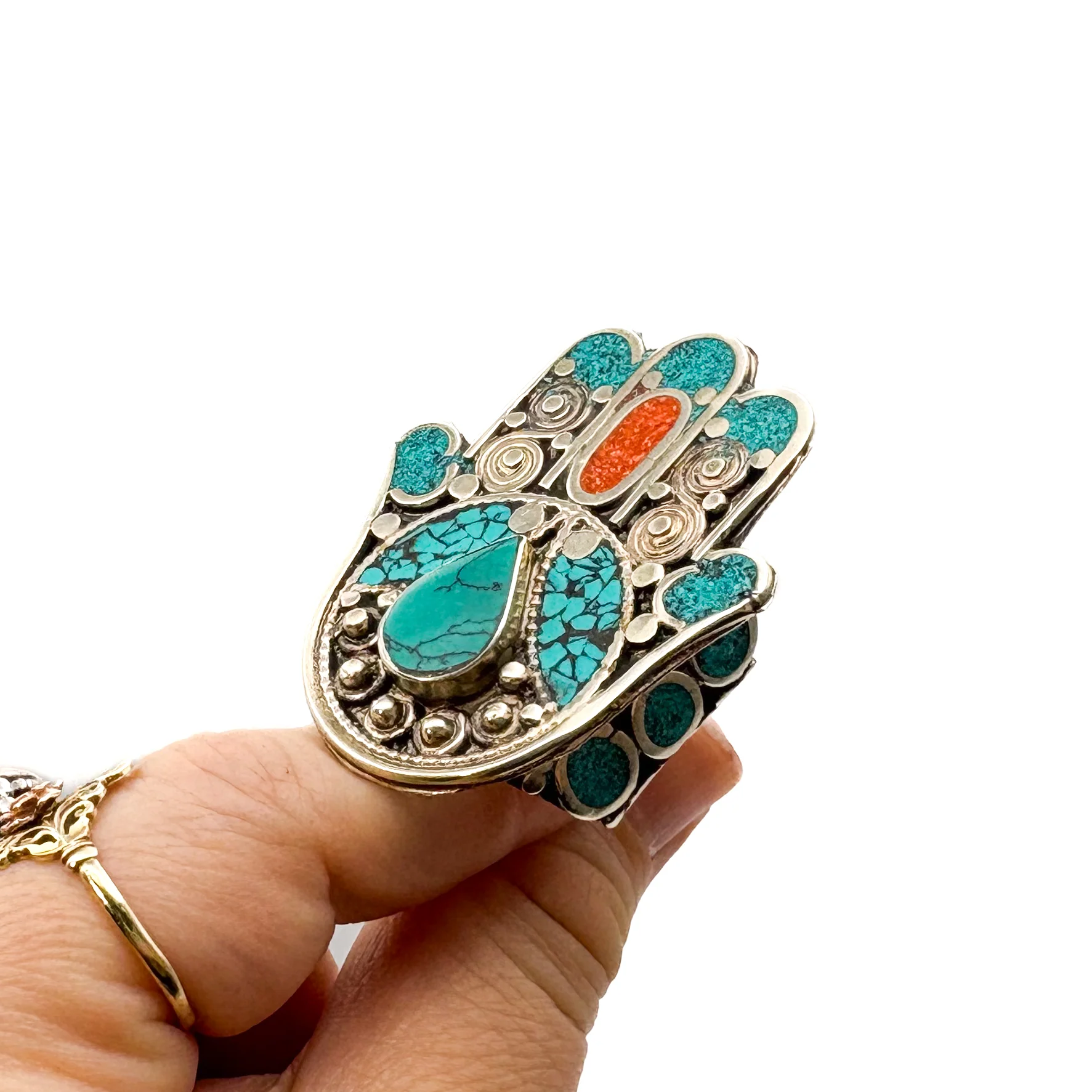 Hamsa Inlaid White Brass Adjustable Ring (C) - Image 4