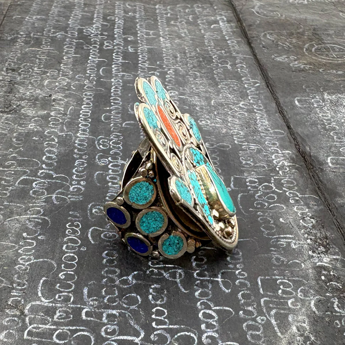 Hamsa Inlaid White Brass Adjustable Ring (C) - Image 5