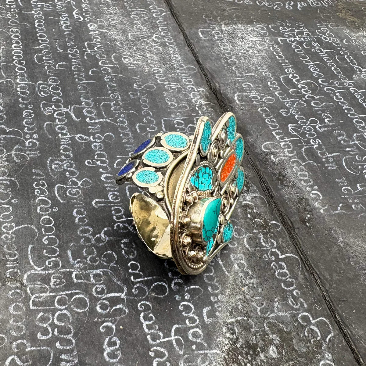 Hamsa Inlaid White Brass Adjustable Ring (C) - Image 6