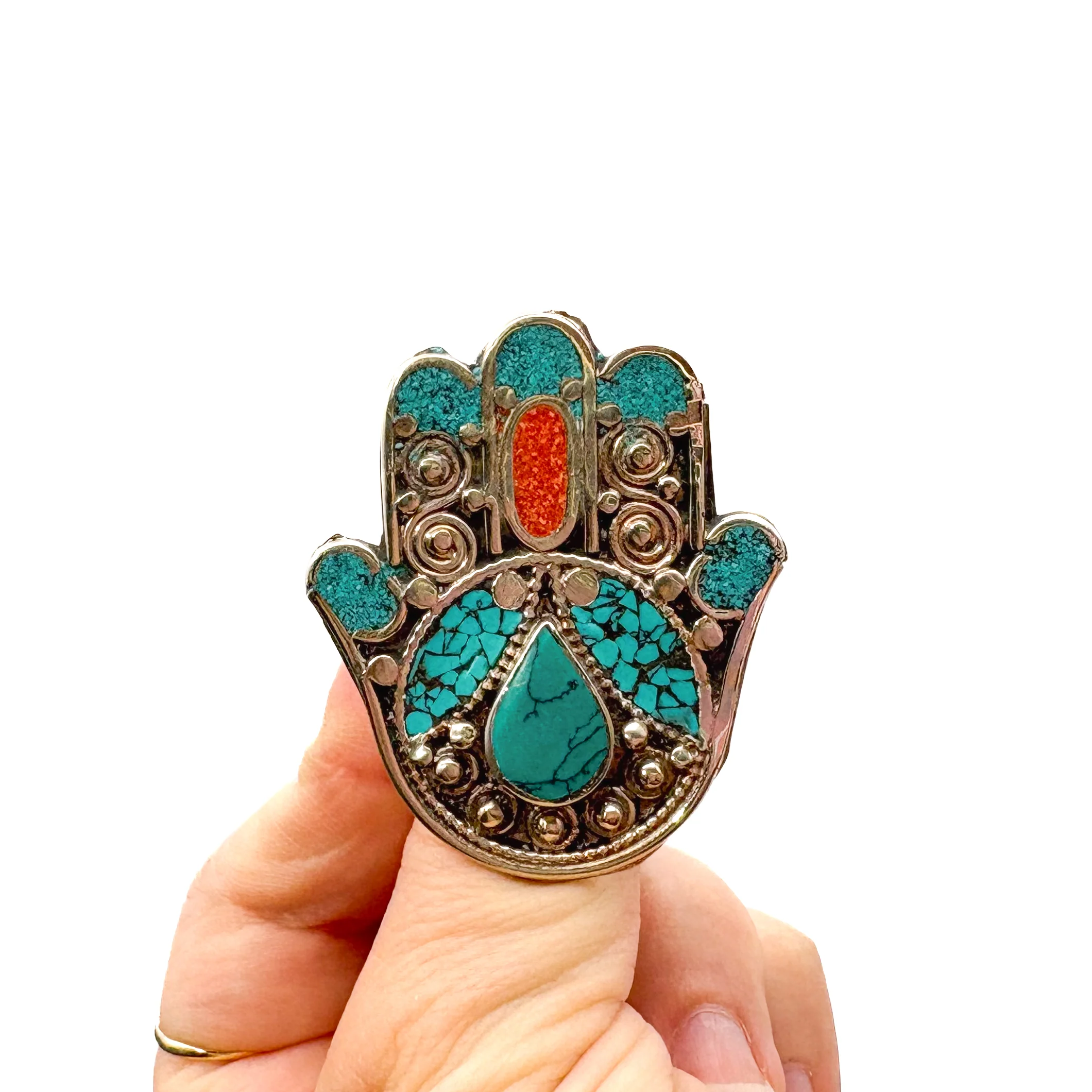 Hamsa Inlaid White Brass Adjustable Ring (C) - Image 7