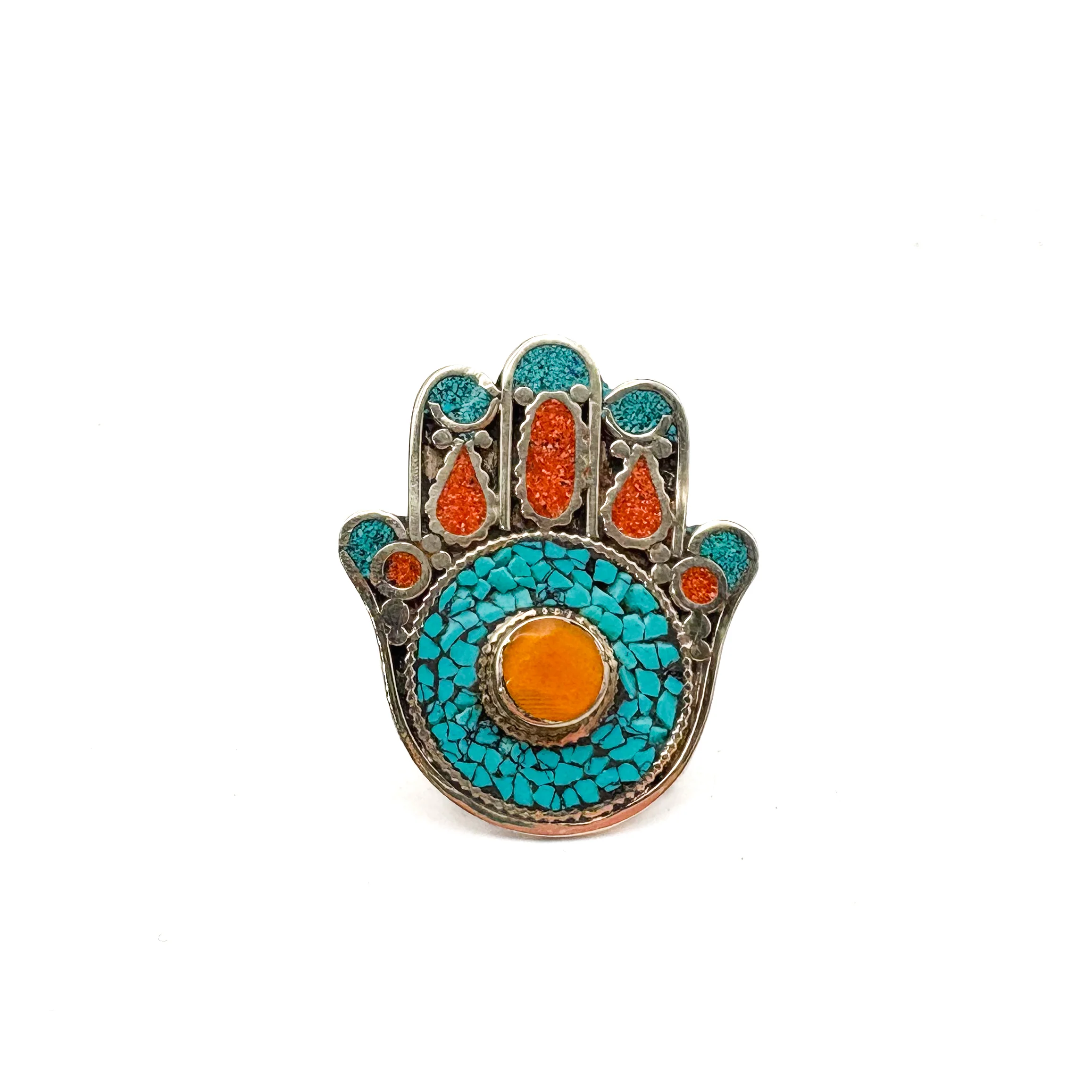 Hamsa Inlaid White Brass Adjustable Ring (D) - Image 11