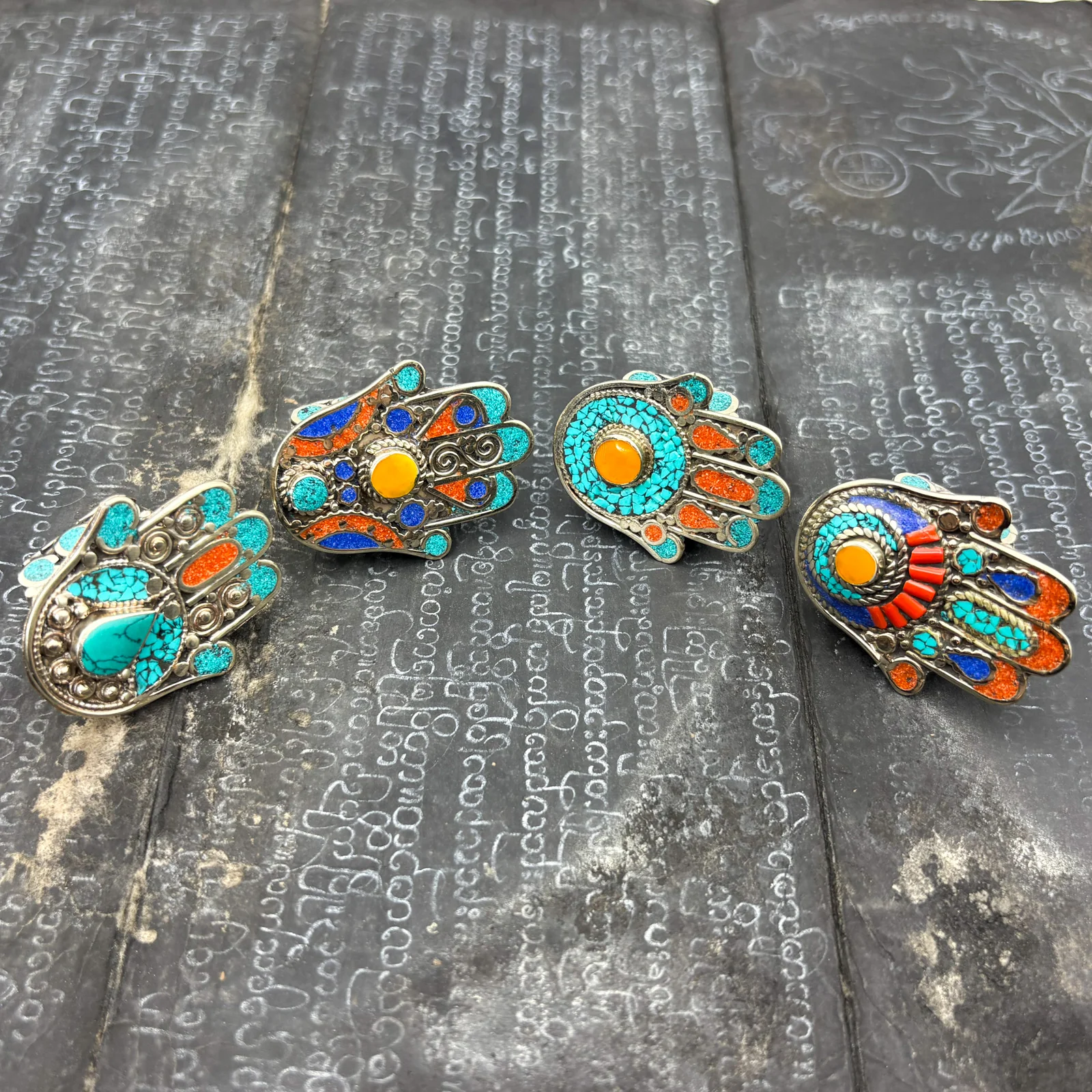 Hamsa Inlaid White Brass Adjustable Ring (D) - Image 13