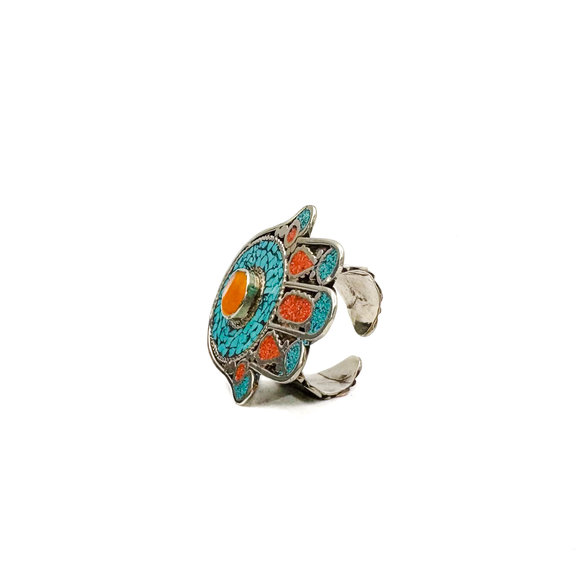 Hamsa Inlaid White Brass Adjustable Ring (D) - Image 2