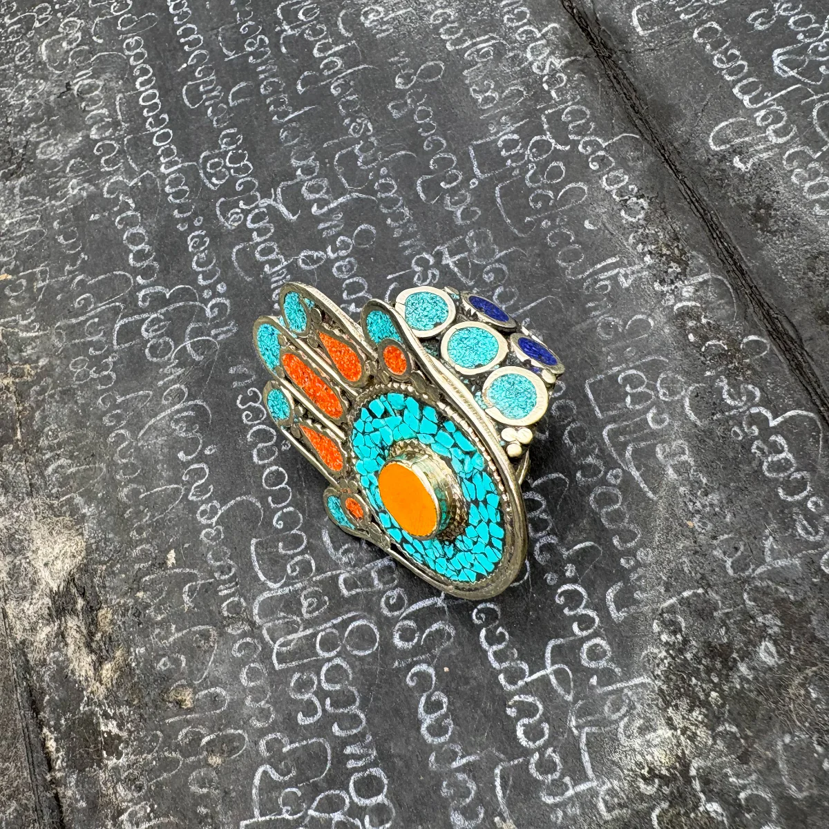 Hamsa Inlaid White Brass Adjustable Ring (D) - Image 3