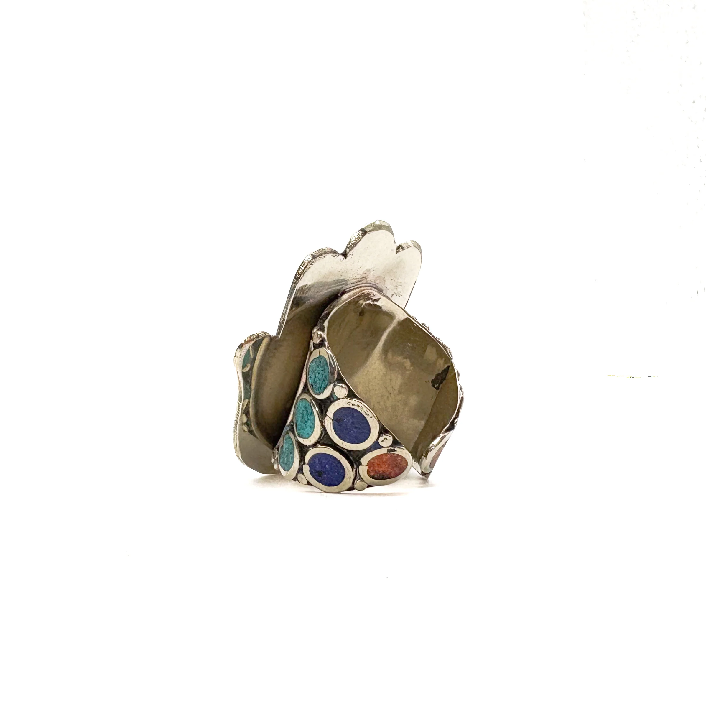 Hamsa Inlaid White Brass Adjustable Ring (D) - Image 4