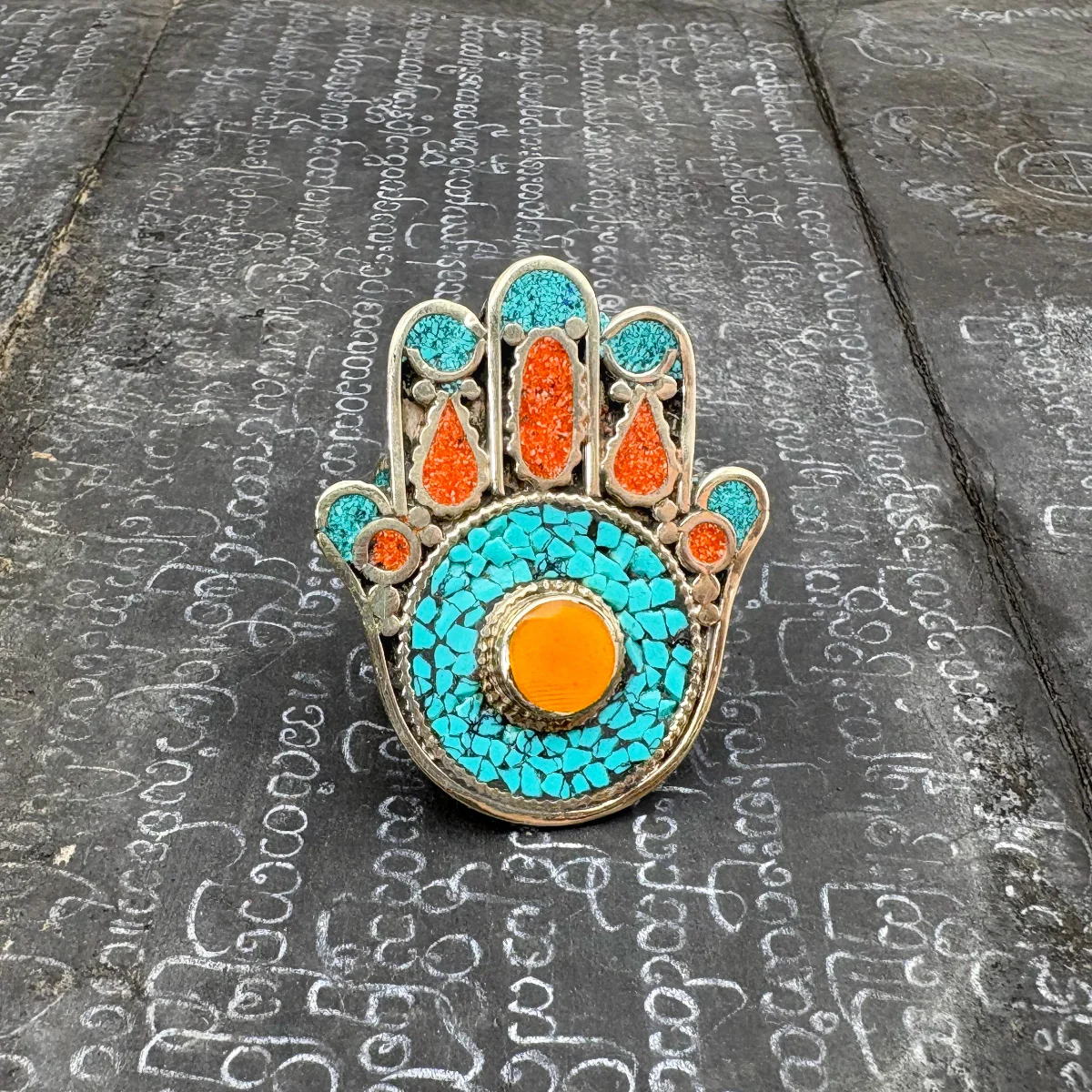 Hamsa Inlaid White Brass Adjustable Ring (D) - Image 5