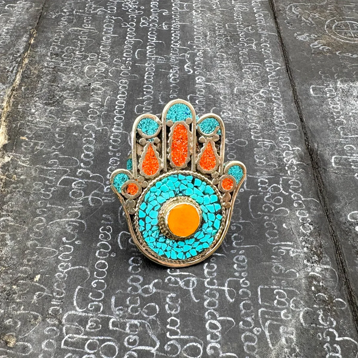 Hamsa Inlaid White Brass Adjustable Ring (D) - Image 7