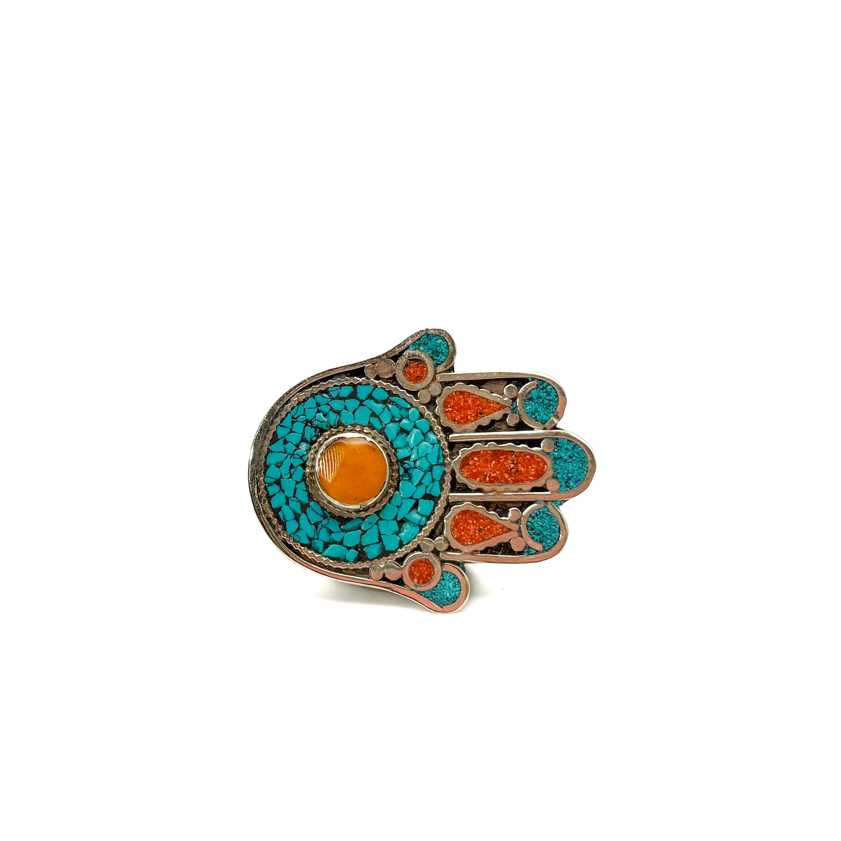 Hamsa Inlaid White Brass Adjustable Ring (D) - Image 8