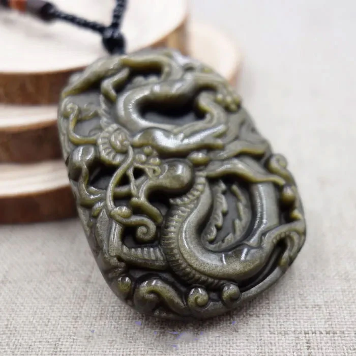 Hand-Carved Chinese 100% Natural Gold Obsidian Jade Pendant Necklace Dragon - Image 2