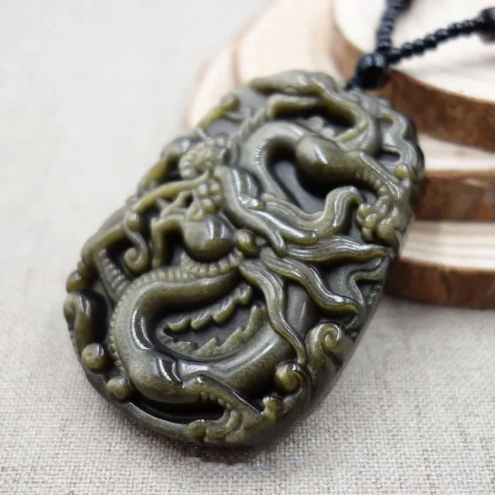 Hand-Carved Chinese 100% Natural Gold Obsidian Jade Pendant Necklace Dragon - Image 3