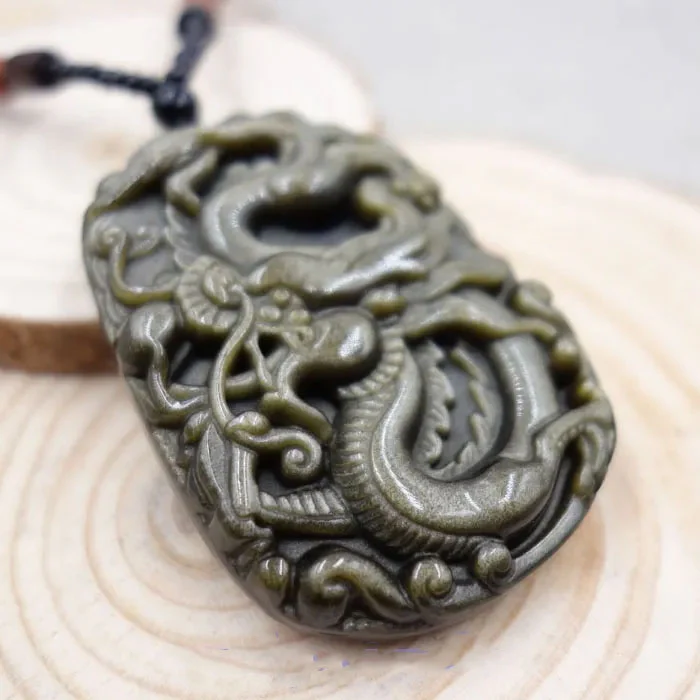 Hand-Carved Chinese 100% Natural Gold Obsidian Jade Pendant Necklace Dragon - Image 4