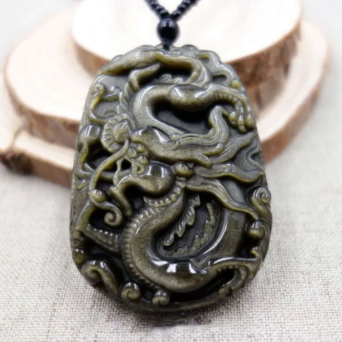 Hand-Carved Chinese 100% Natural Gold Obsidian Jade Pendant Necklace Dragon - Image 5