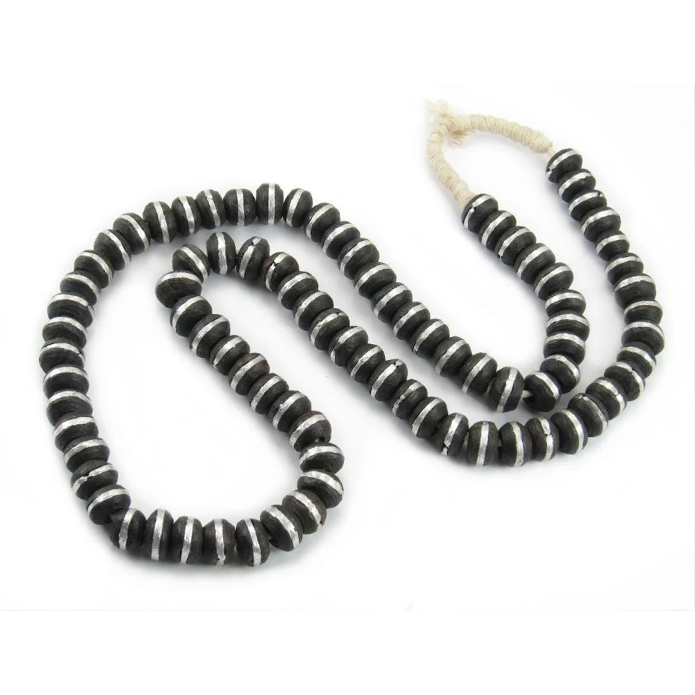Hand Carved Wood Beads W/ Hand Inlaid Aluminum Necklace - Image 2