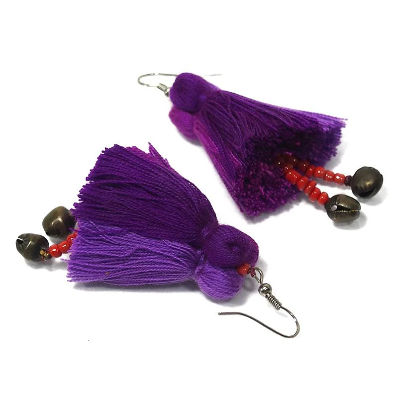 Hilltribe Triple Tassel Earrings With Bells, A - Image 2