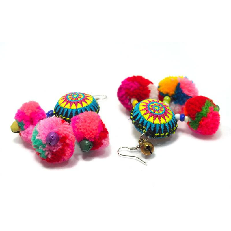 Hilltribe Crocheted Earrings with Pom Poms - Image 2