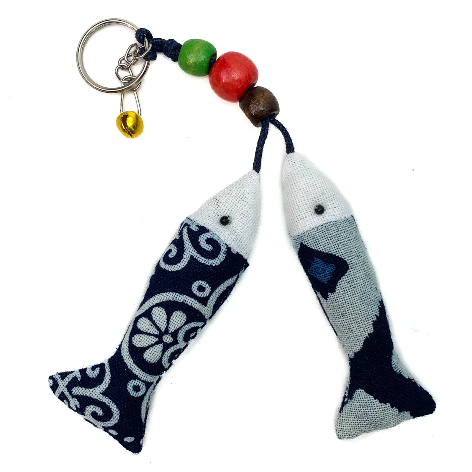 Hilltribe Indigo Ikat Double Fish Keychain, Gold Bell - Image 2