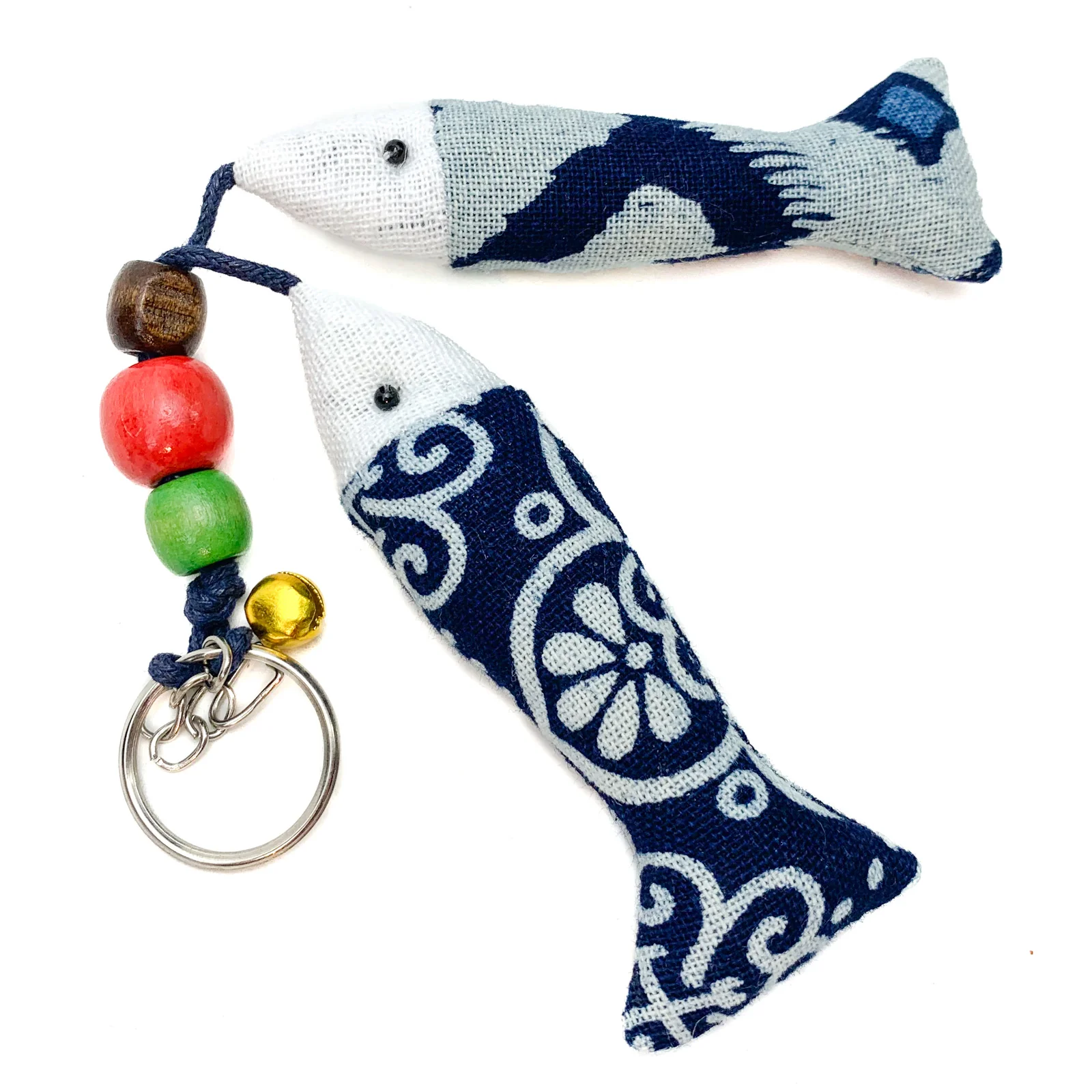 Hilltribe Indigo Ikat Double Fish Keychain, Gold Bell - Image 3