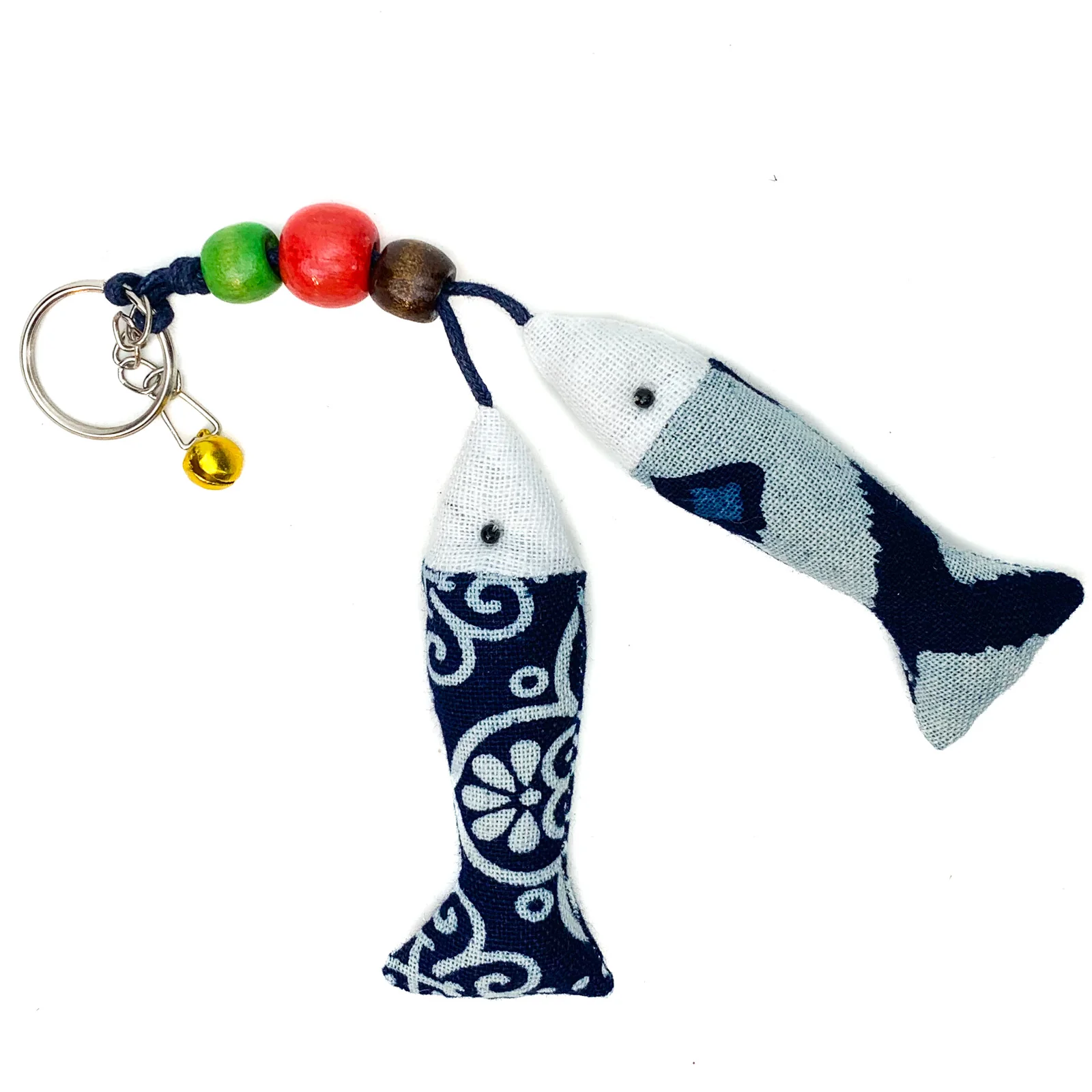 Hilltribe Indigo Ikat Double Fish Keychain, Gold Bell - Image 4