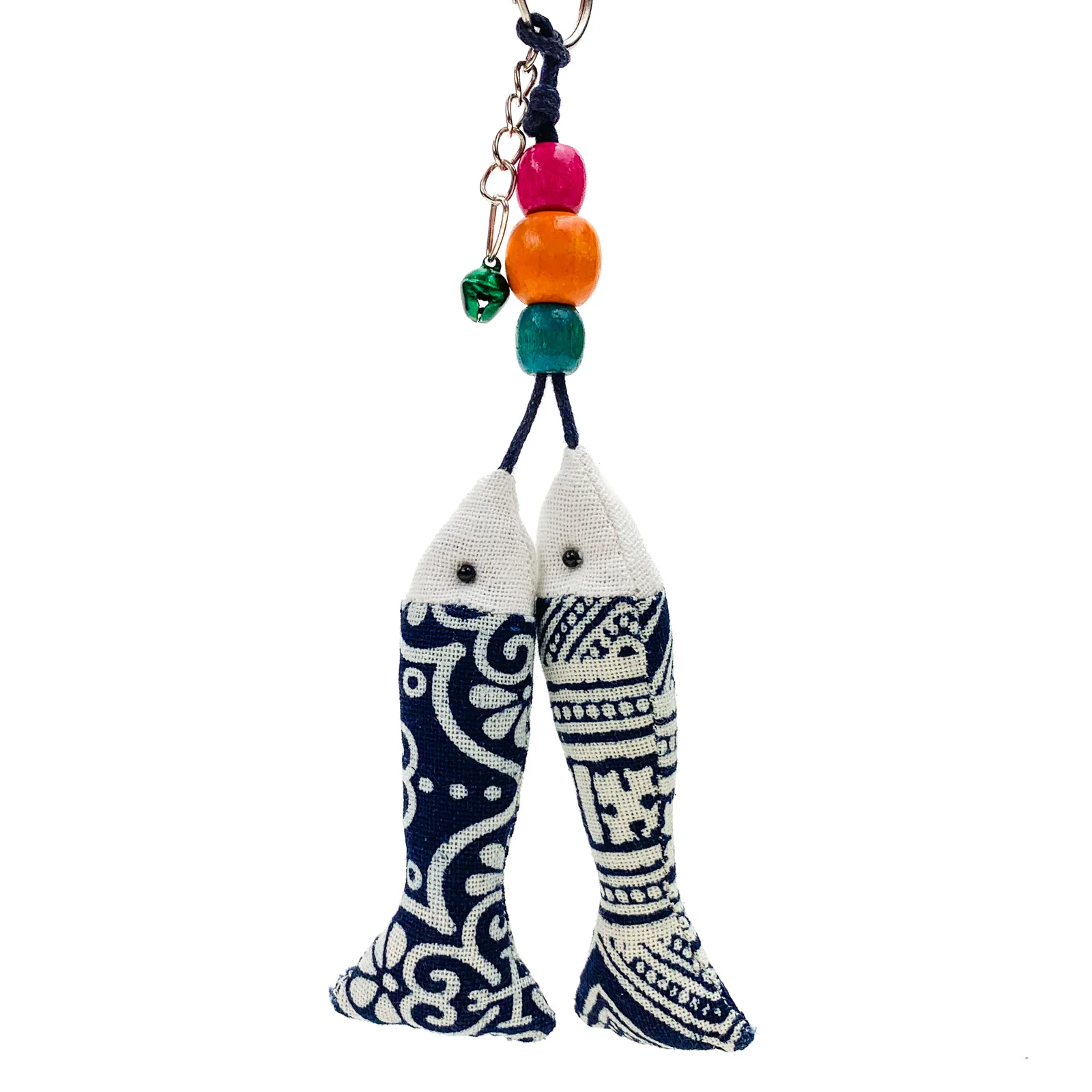 Hilltribe Indigo Ikat Double Fish Keychain, Green Bell - Image 2