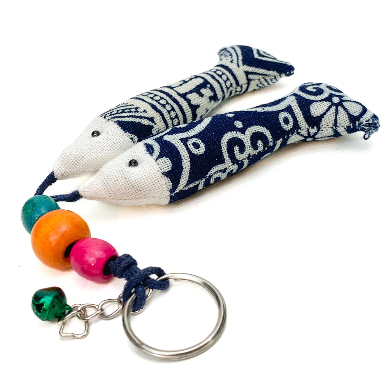 Hilltribe Indigo Ikat Double Fish Keychain, Green Bell - Image 3