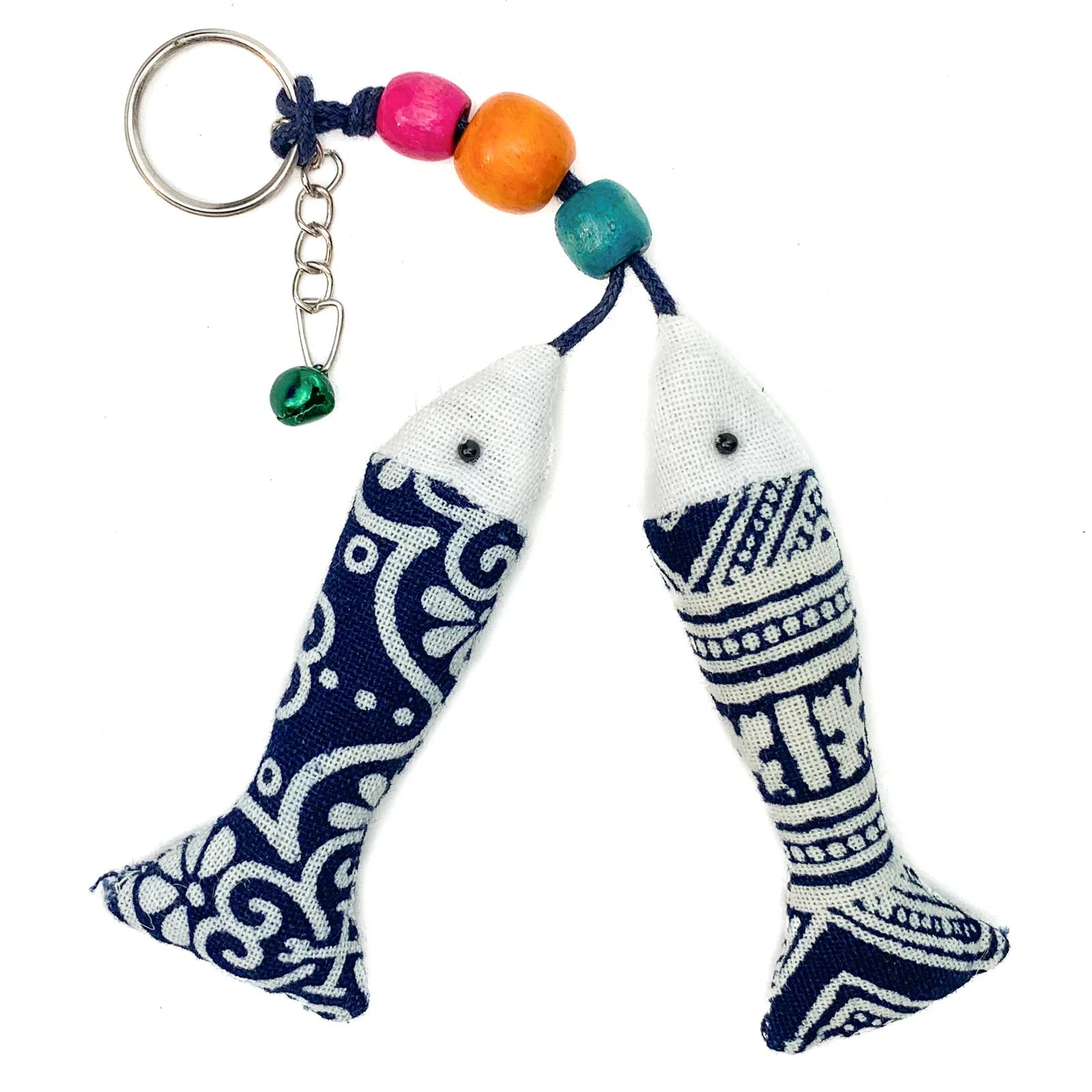 Hilltribe Indigo Ikat Double Fish Keychain, Green Bell - Image 4