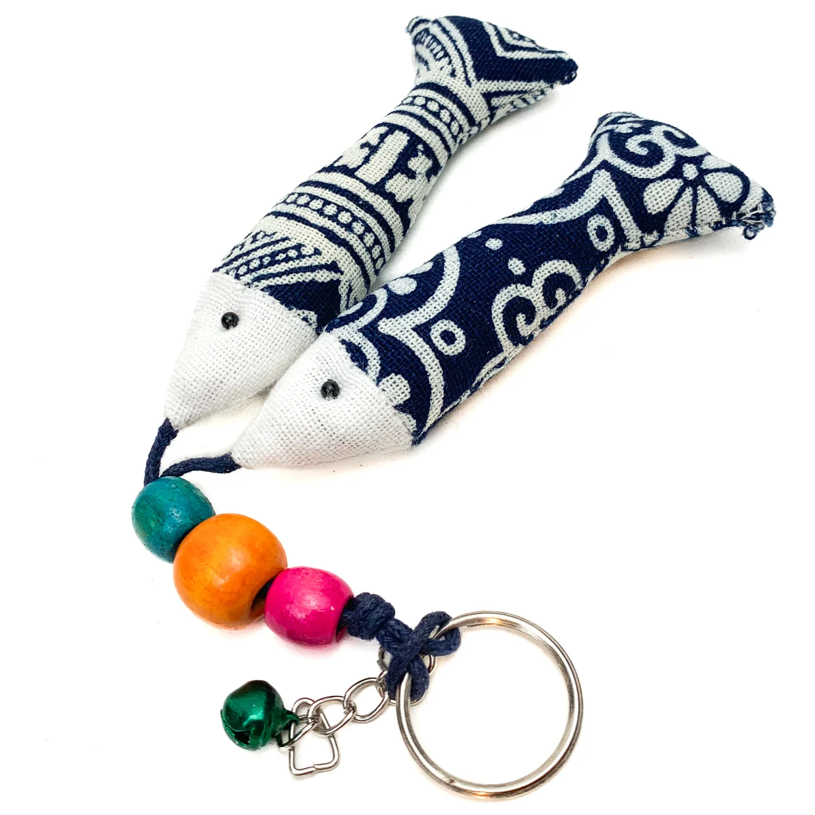 Hilltribe Indigo Ikat Double Fish Keychain, Green Bell - Image 5